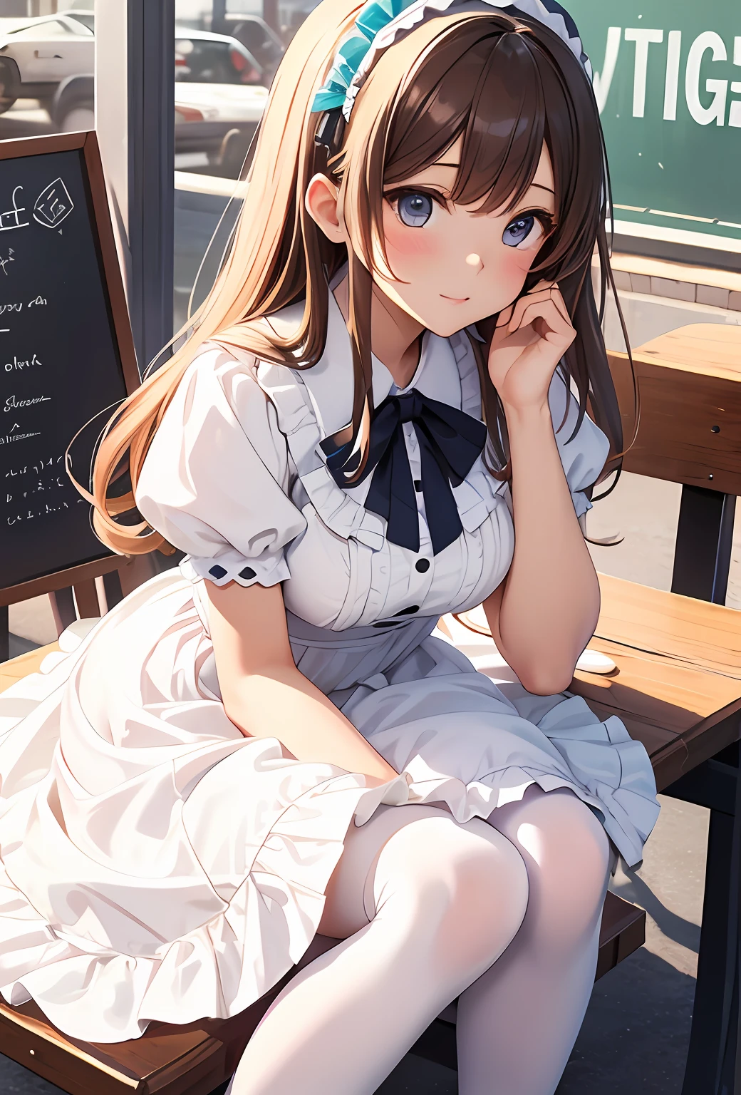 best qualityer，tmasterpiece，Ultimate resolution，downy，Extremely colorful，Colorful，Big high school girl，ta long dress， white stockings，Wedge sandals，Cafe background，closeup of face