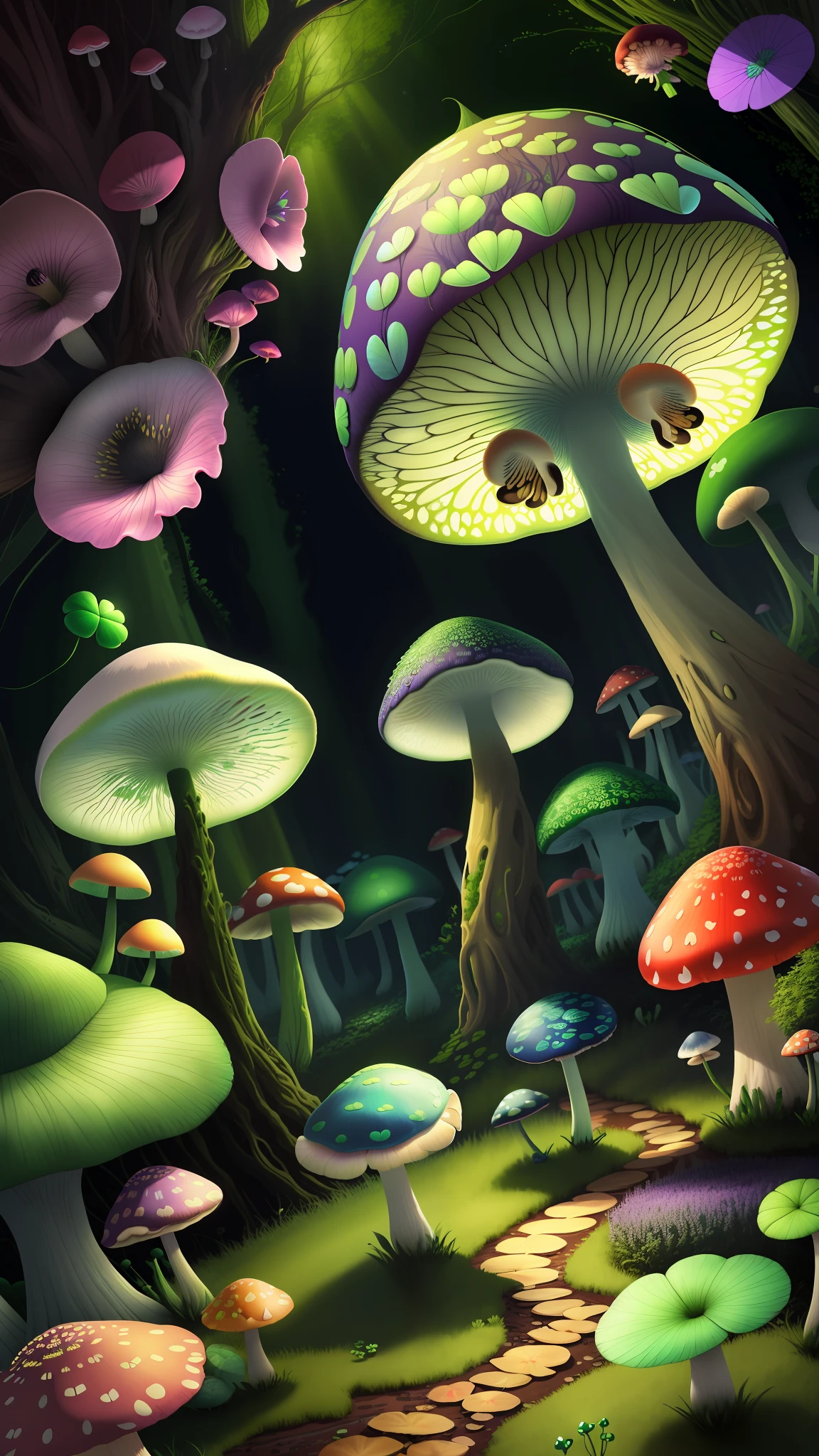 "Mushroom forest,butterflys,lotuses,four-leaf clover,Cyber Mushroom Forest,Ultra-detailed digital fantasy art。Mushrooms are everywhere in the picture,The unique mushroom shape creates a magical casa scene。"