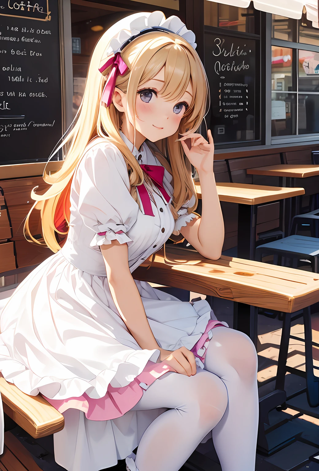 best qualityer,tmasterpiece,Ultimate resolution,downy,Extremely colorful,Colorful,Big high school girl,ta long dress, white stockings,Wedge sandals,Cafe background,closeup of face