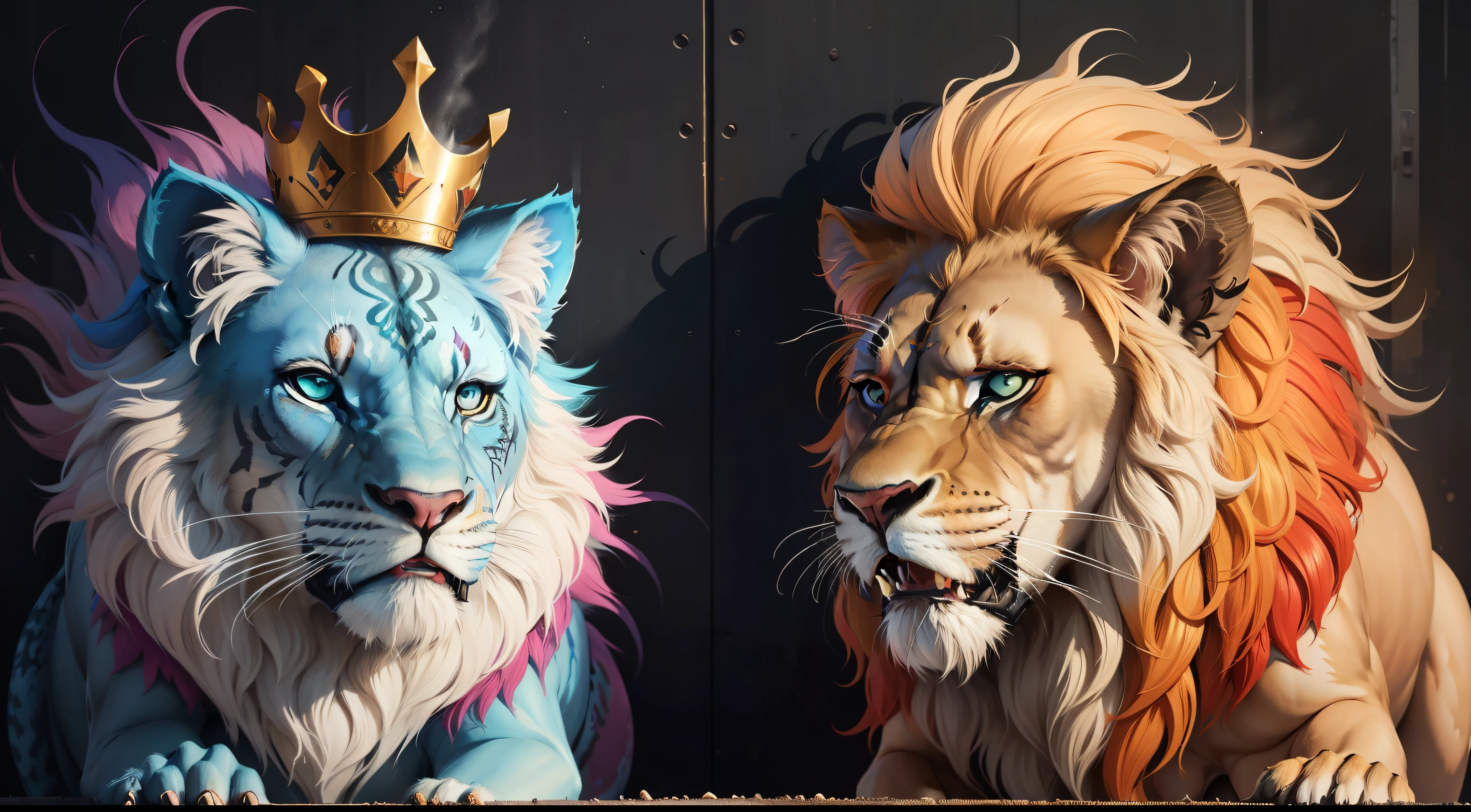 Graffiti street art painting of two roaring lions crown on head, spraypaint, street, cores vibrantes hiper realismo, detalhado, arte de spray, inspirado em Ron English, pintura poderosa, pintura aerada;hiper-realismo colorido, Pintura 4K detalhada