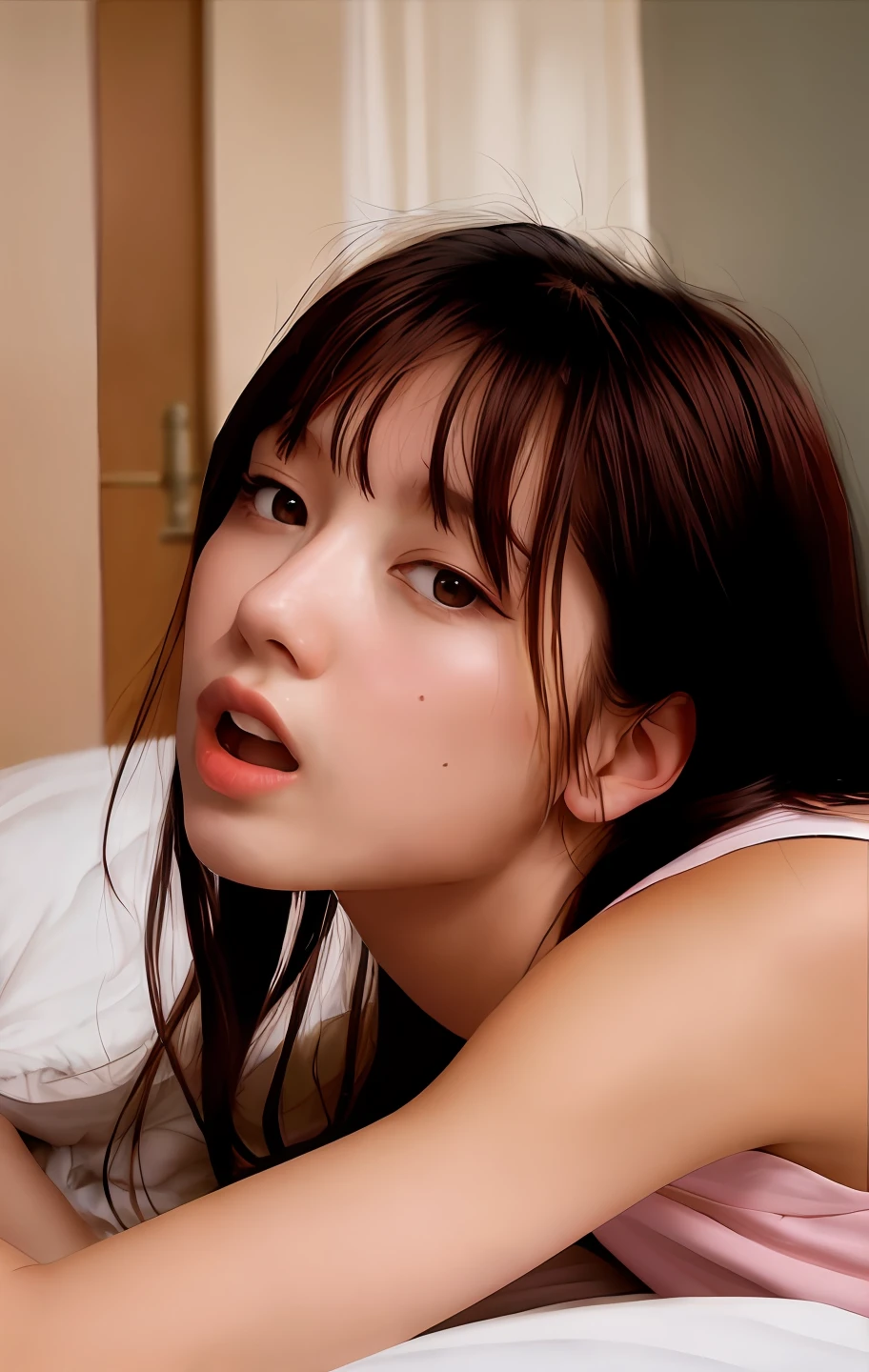Beautuful Women,Lie down in bed,With your mouth open,His face was slightly red