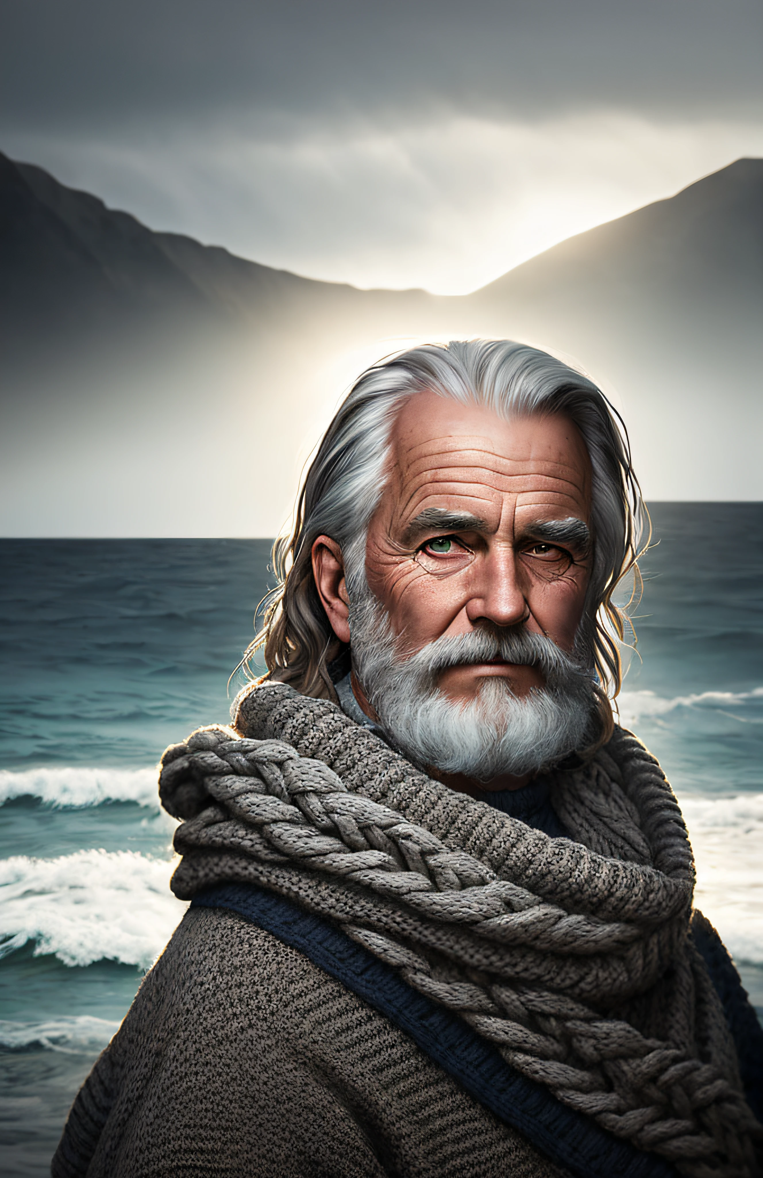 award winning portrait photo of an older male medieval grizzled sailor in a knitted sweater with wrinkles on face, ocean, waves, mountain cliffside with breaking waves, stormy, sinister, evil, (backlighting:1.3), digital painting, concept art, smooth, sharp focus, rule of thirds, dark fantasy,intricate details, medium shot