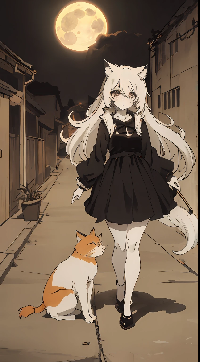 catgirl, very pale skin, black dress, orange fur,cute, big eyes, masterpiece, full moon, alley,