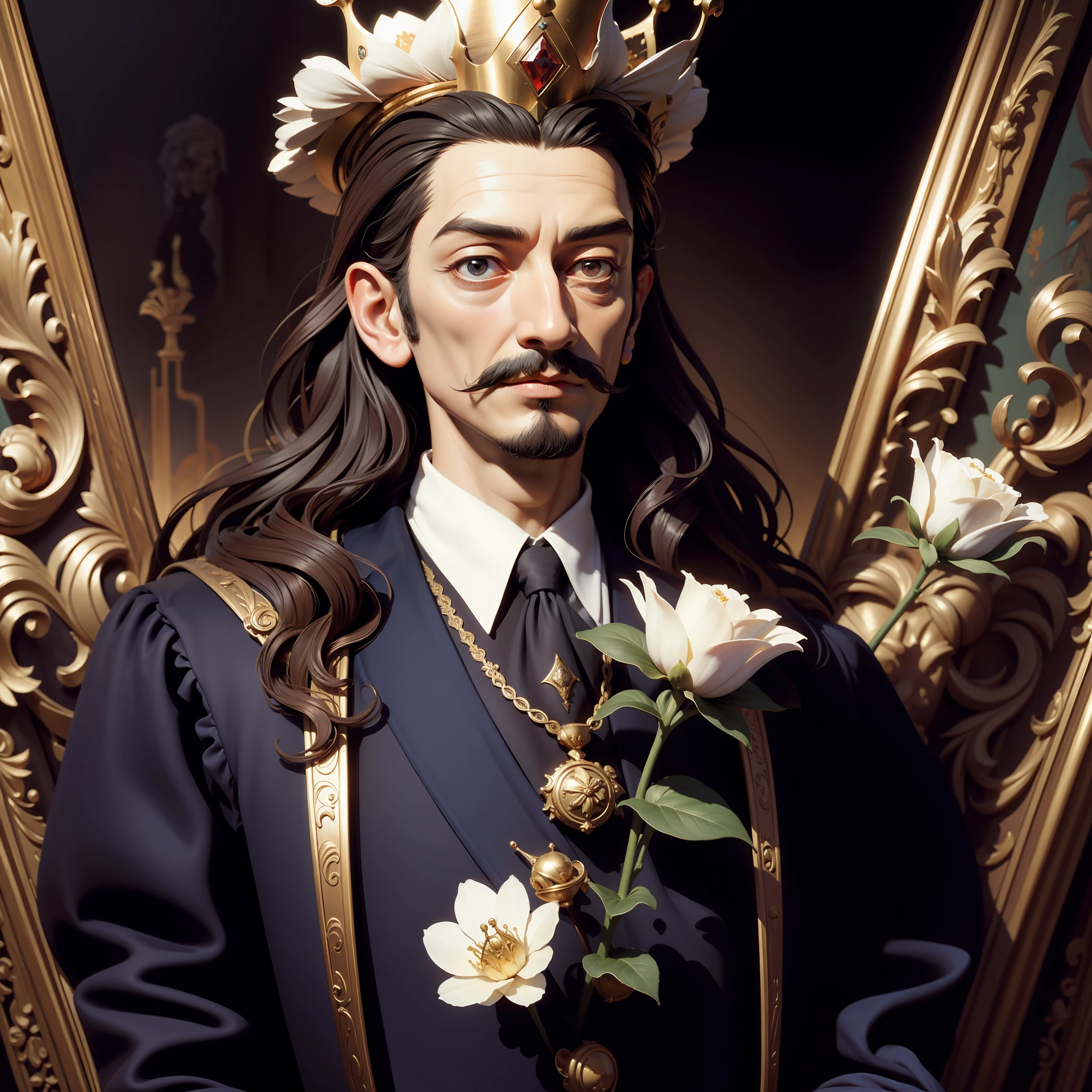 original, masterpiece, best quality, official art, painting, Salvador Dali as king,with flowers in he's mustachs, cinematic lighting