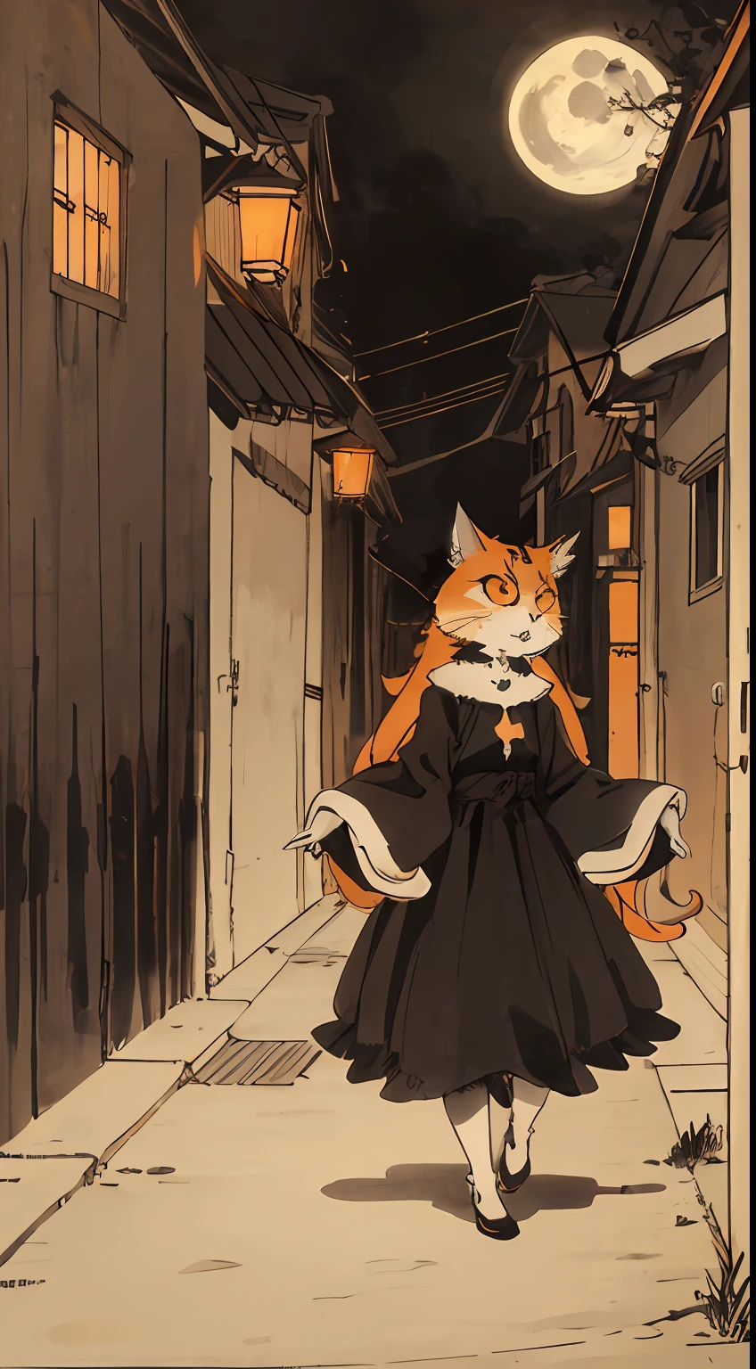 catgirl, very pale skin, black dress, orange fur,cute, big eyes, masterpiece, full moon, alley,