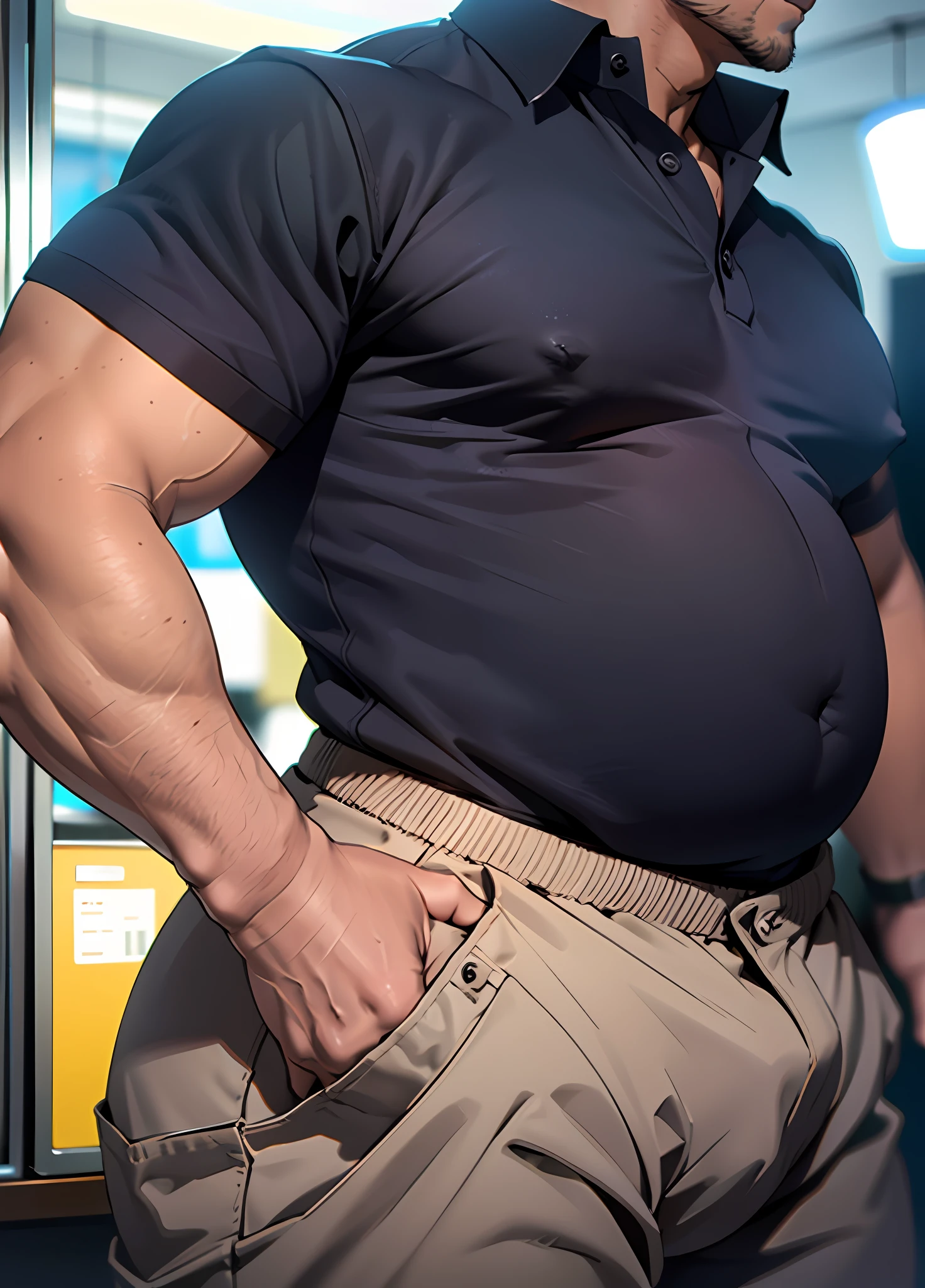 young face, thin face, Sharp Facial, Black hair, 1Boy, salaryman, dark brown eyes, beardless, open shirts, polo shirts, tight shirts, open collar polo shirt, pants, Best Quality, fat abs, fat, Tight breasts, fat breasts, from sideview, collar shirts, fat thighs, fat tits, fat arms, fat legs, fat body, Huge fat, photograph realistic, Masterpiece, male, side part hair, strong, (Pectoralis major: 1.2), Best Quality, 8K, OriginalPhoto, realisitic, high resolucion, The ultra-detailliert, film lighting, film grain, chromatic aberration, in office, tits huge, Dynamic Angle, Details Finger, big bulge, Huge bulge, bulge pants, blush, embarrassed, closed mouth, chest cleavage