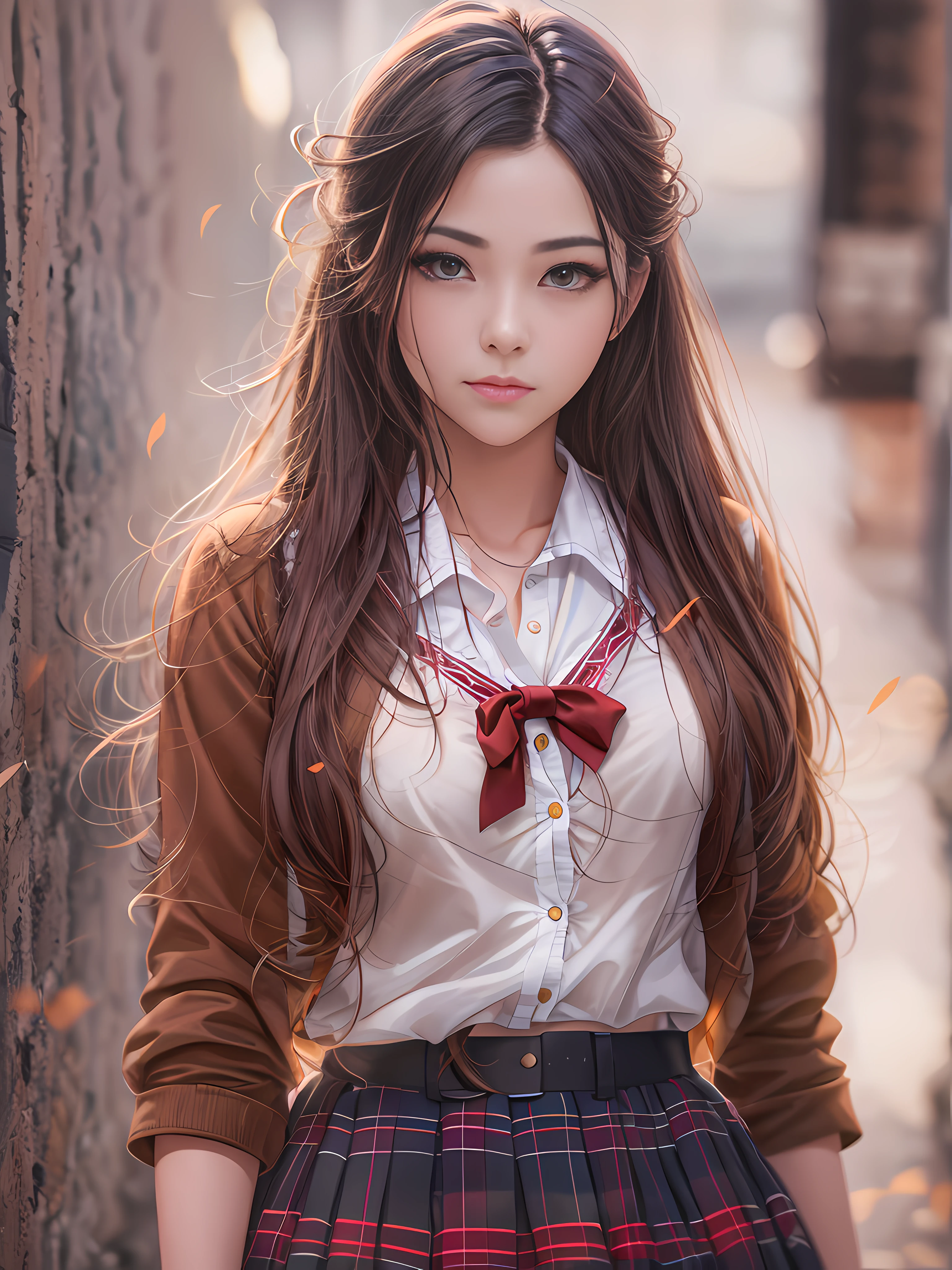 Full body portrait of a stunningly beautiful student girl without make-up, 17 years old, school uniform, white v-neck blouse with lace and neckline, red short skirt with pleats and butterfly patterns, black knee-high stockings with diamond patterns, red bow, extremely detailed light hazel eyes, detailed symmetric realistic face, extremely detailed natural skin texture, peach fuzz, messy hair, masterpiece, absurdres, nikon d850 film stock photograph, kodak portra 400 camera f1.6 lens, extremely detailed, amazing, fine detail, rich colors, hyper realistic lifelike texture, dramatic lighting, cinestill 800 tungsten, raw photo, high quality, highres, sharp focus, extremely detailed, cinematic lighting, 8k uhd
