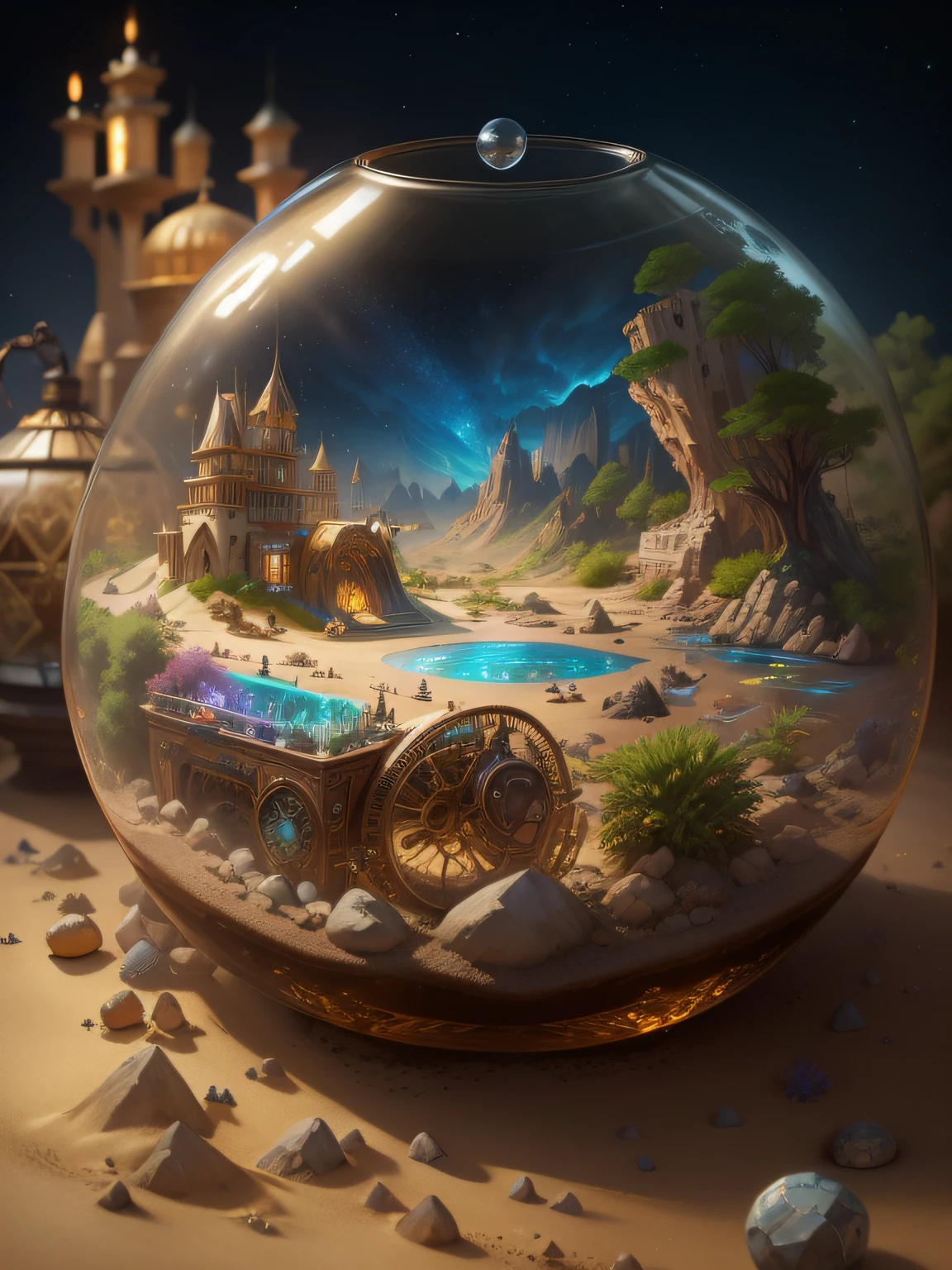 sand terrarium art mixed with ultra hd detailed painting, ,digital art, beautiful, fantasy, digital art, wlop,Steampunk style ,epic,masterpiece,,,,32k ,,, complete, symmetry, painted, intricate, volumetric lighting, beautiful, rich deep colors masterpiece, sharp focus, ultra detailed, astrophotography,