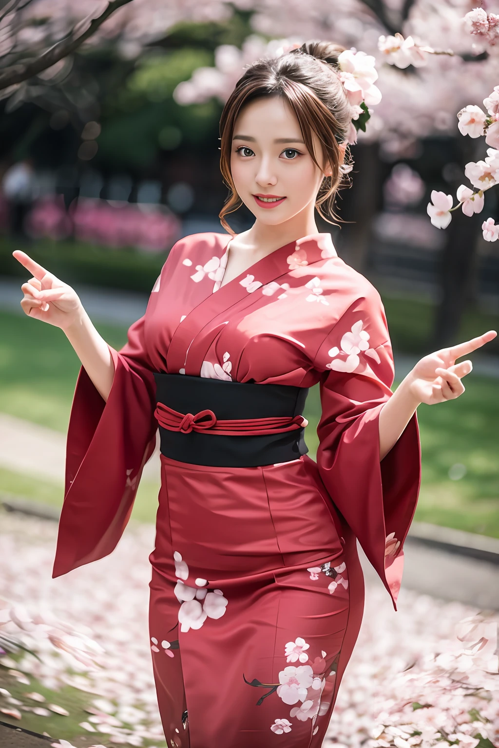 looking at the camera in front,Add a motion blur effect to simulate movement,high res,a girl elegant Kimono,ponytail,brown medium hair,Flying hair,cherry blossom hairpin,dancing Japanese dance outdoors in the moonlight,Under the cherry blossoms where petals flutter,Spread both hands,Beautiful hands,Beautiful Finger,Full body shot