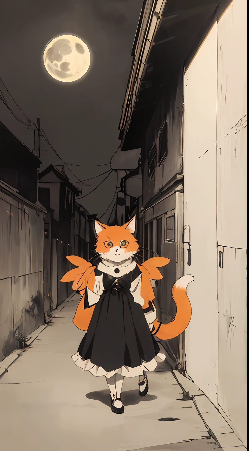 catgirl, very pale skin, black dress, orange fur,cute, big eyes, masterpiece, full moon, alley,