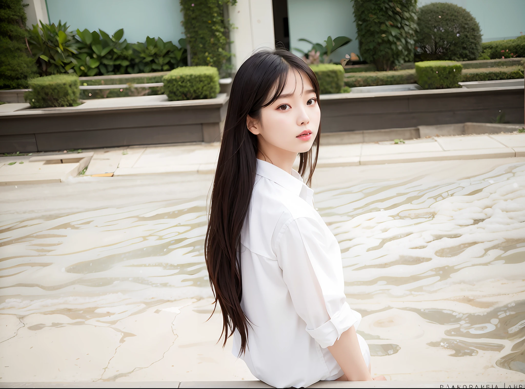 There was a woman sitting on a bench in a white shirt, Asian girl with long hair, With long hair, ulzzangs, jaeyeon nam, Korean girl, taken with canon eos 5 d mark iv, Beautiful young Korean woman, beautiful Korean women, Gorgeous young Korean woman, portrait of female korean idol, taken with canon 5d mk4, bae suzy