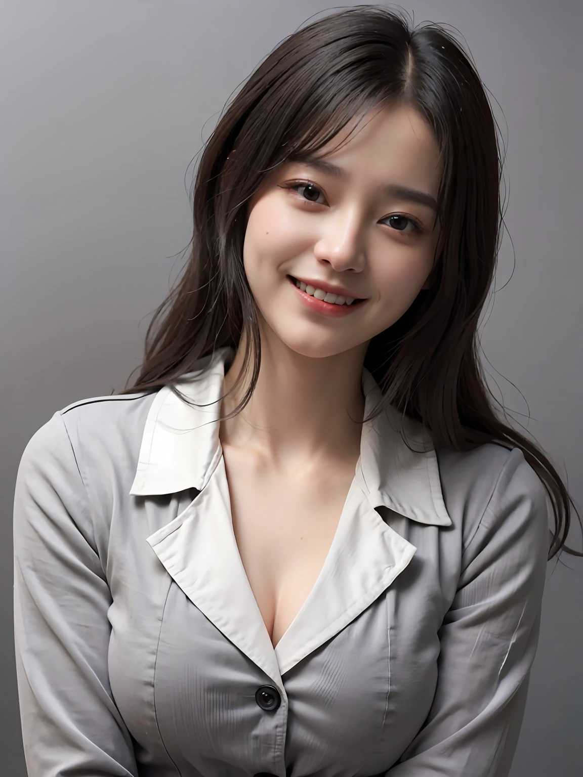 (grey background:1.5), (photorealistic:1.4), (best quality:1.0), (ultra highres:1.0), 8k, RAW photo, (masterpiece:0.2), 1girl, beautiful skin, detailed skin, big smile, teeth, (uniform:1.5)