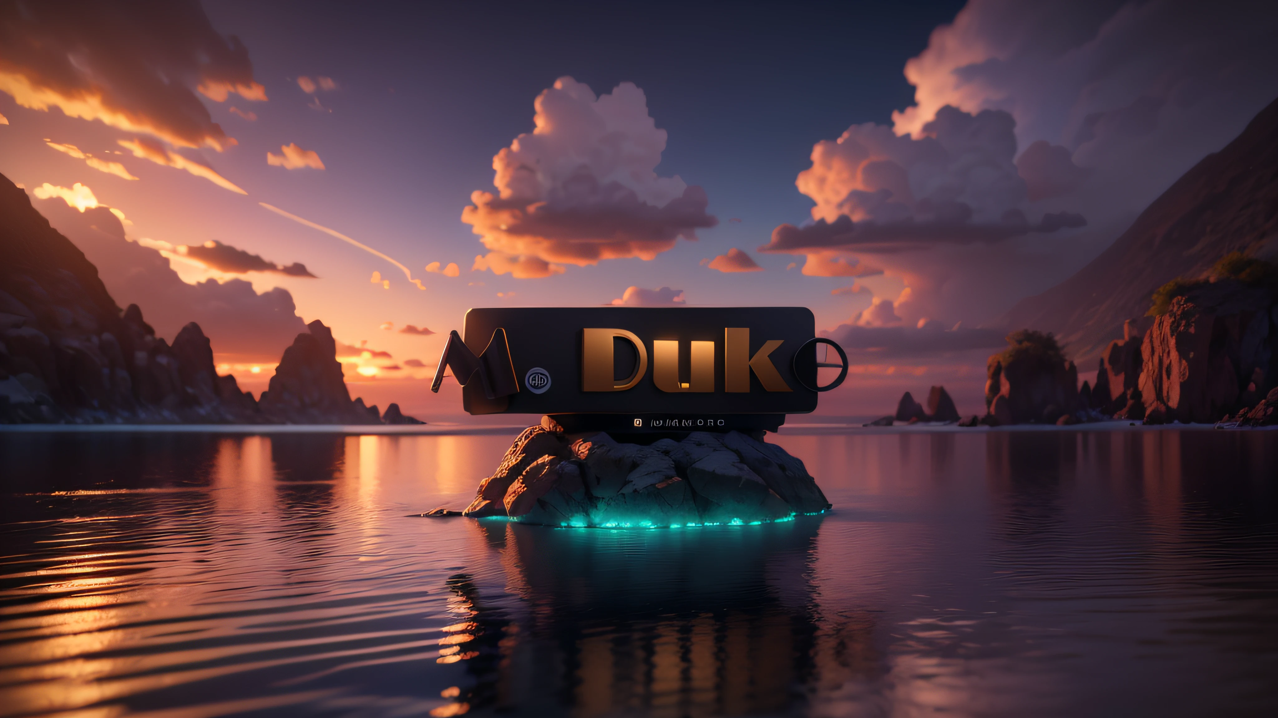 Luxury logo with the title M. duque, 3D-rendering, 8k, NVIDIA, ray-traced, Bokeh, Fulgurar, luz e sombras realistas, nuvens noturnas, pegue a chave, Sinalizadores, obscuridade, blur, Sunset on a beach of bioluminescent waters,
