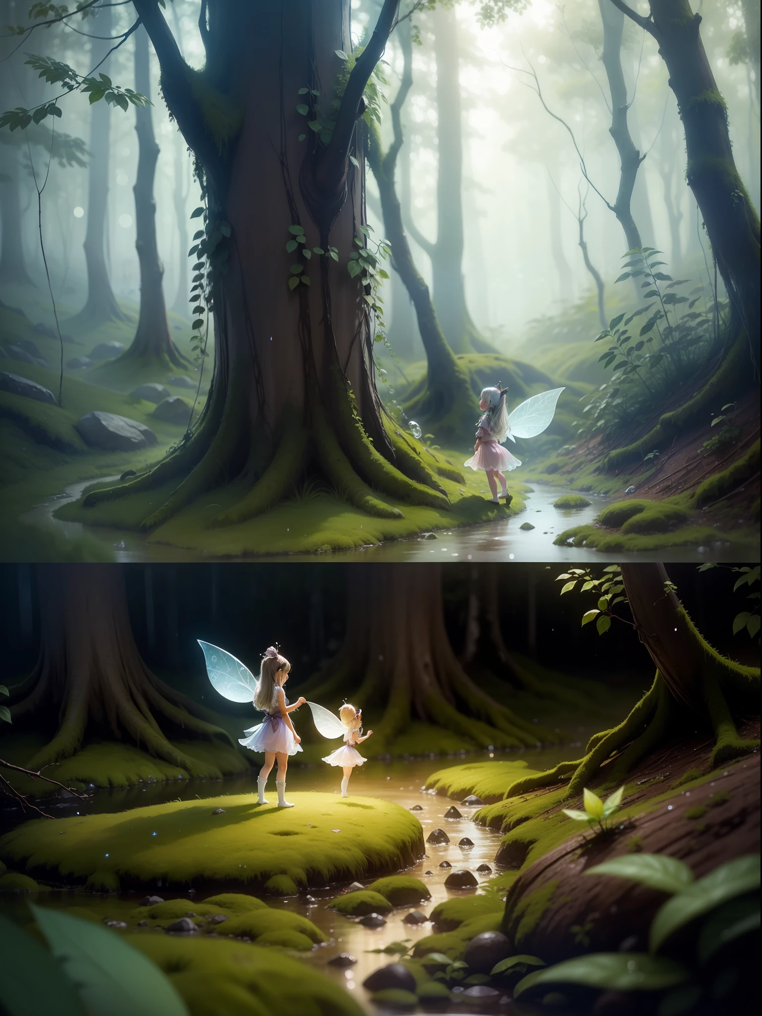 Tiny twinkling fairies in forest, precipitation, --auto