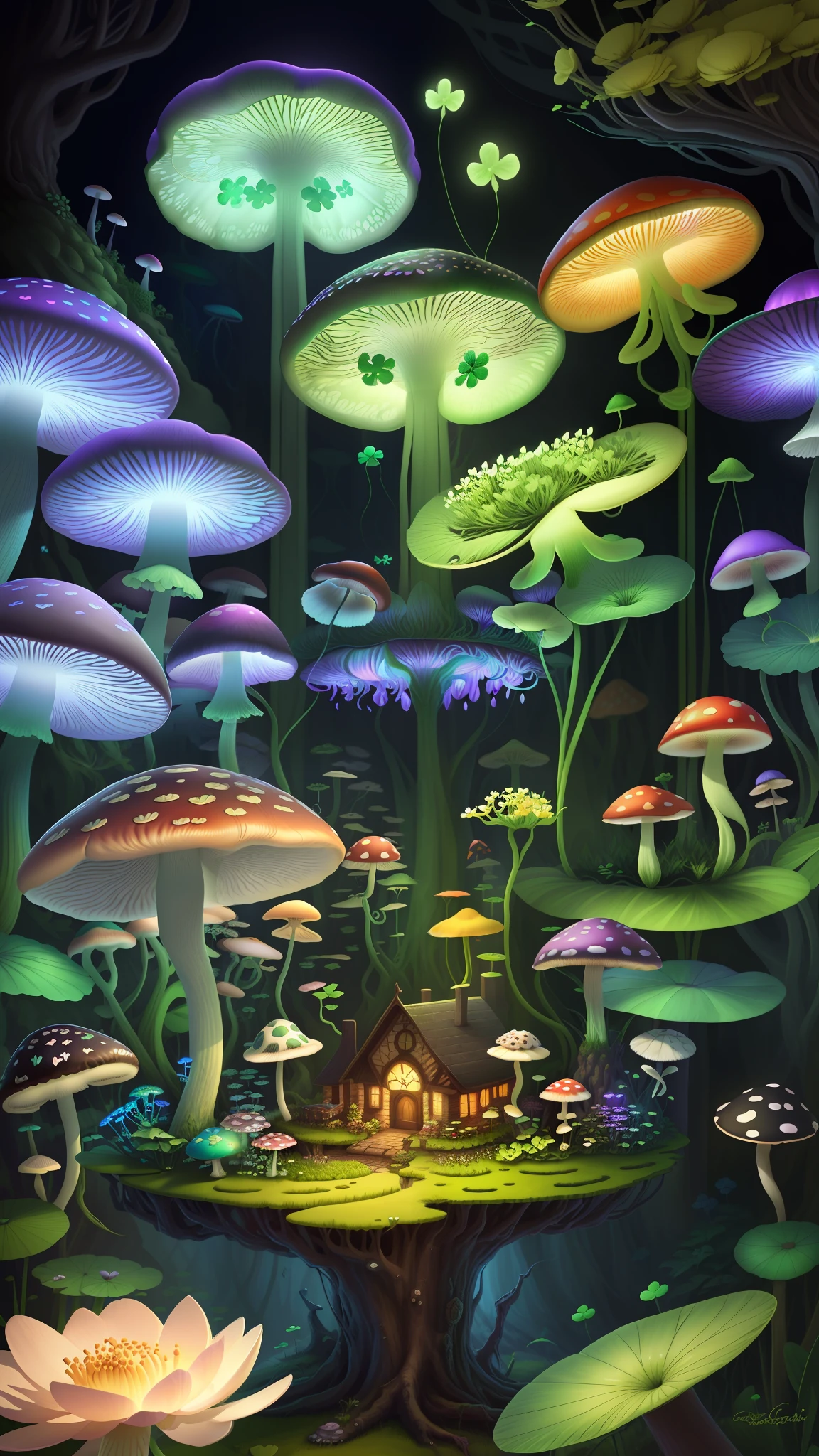 "Mushroom forest，butterflys，lotuses，four-leaf clover，Cyber Mushroom Forest，Ultra-detailed digital fantasy art。Mushrooms are everywhere in the picture，The unique mushroom shape creates a magical casa scene。"