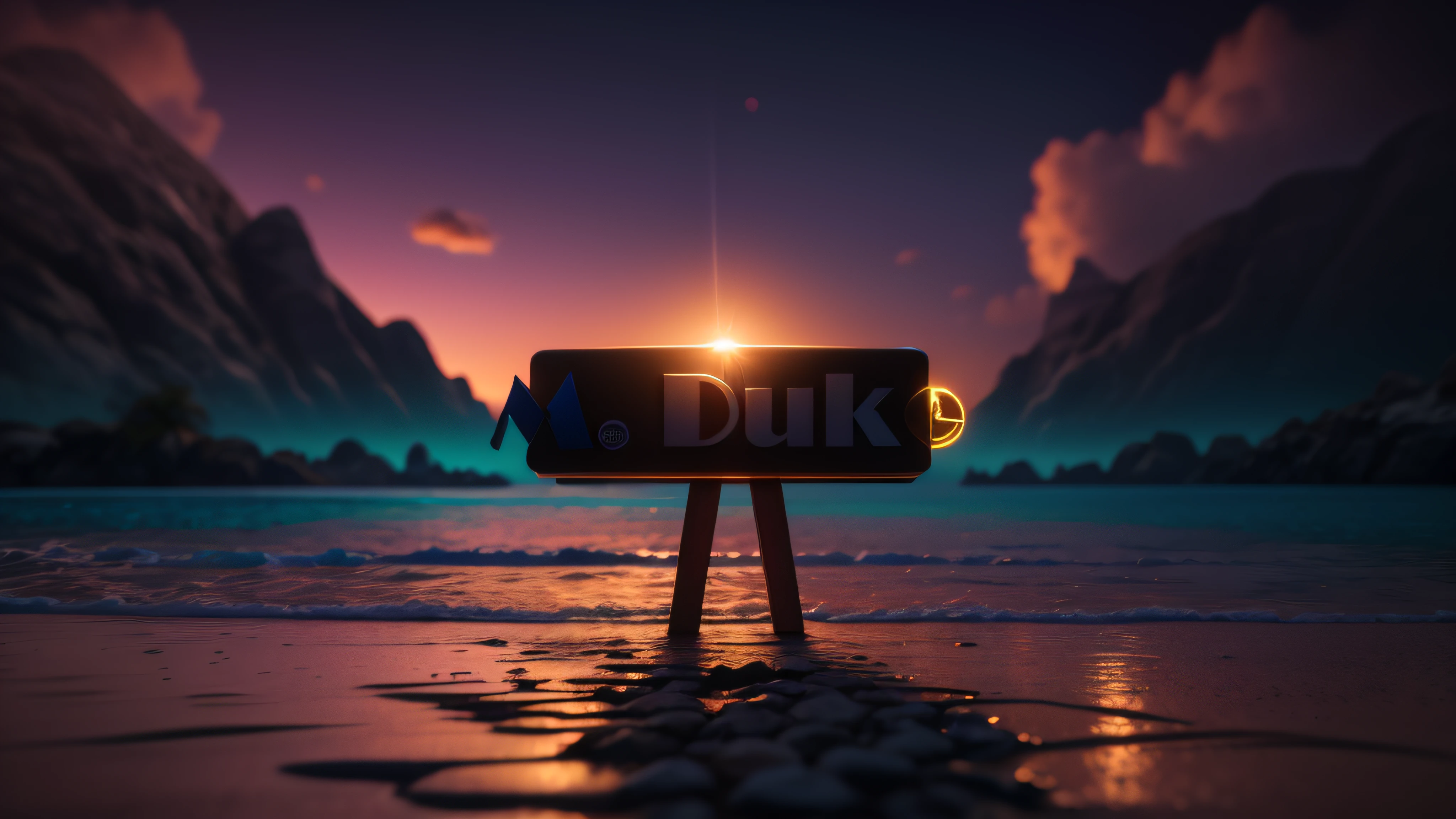 Luxury logo with the le M. duque, 3D-rendering, 8k, NVIDIA, ray-traced, Bokeh, Fulgurar, luz e sombras realistas, nuvens noturnas, pegue a chave, Sinalizadores, obscuridade, blur, Sunset on a beach of bioluminescent waters,