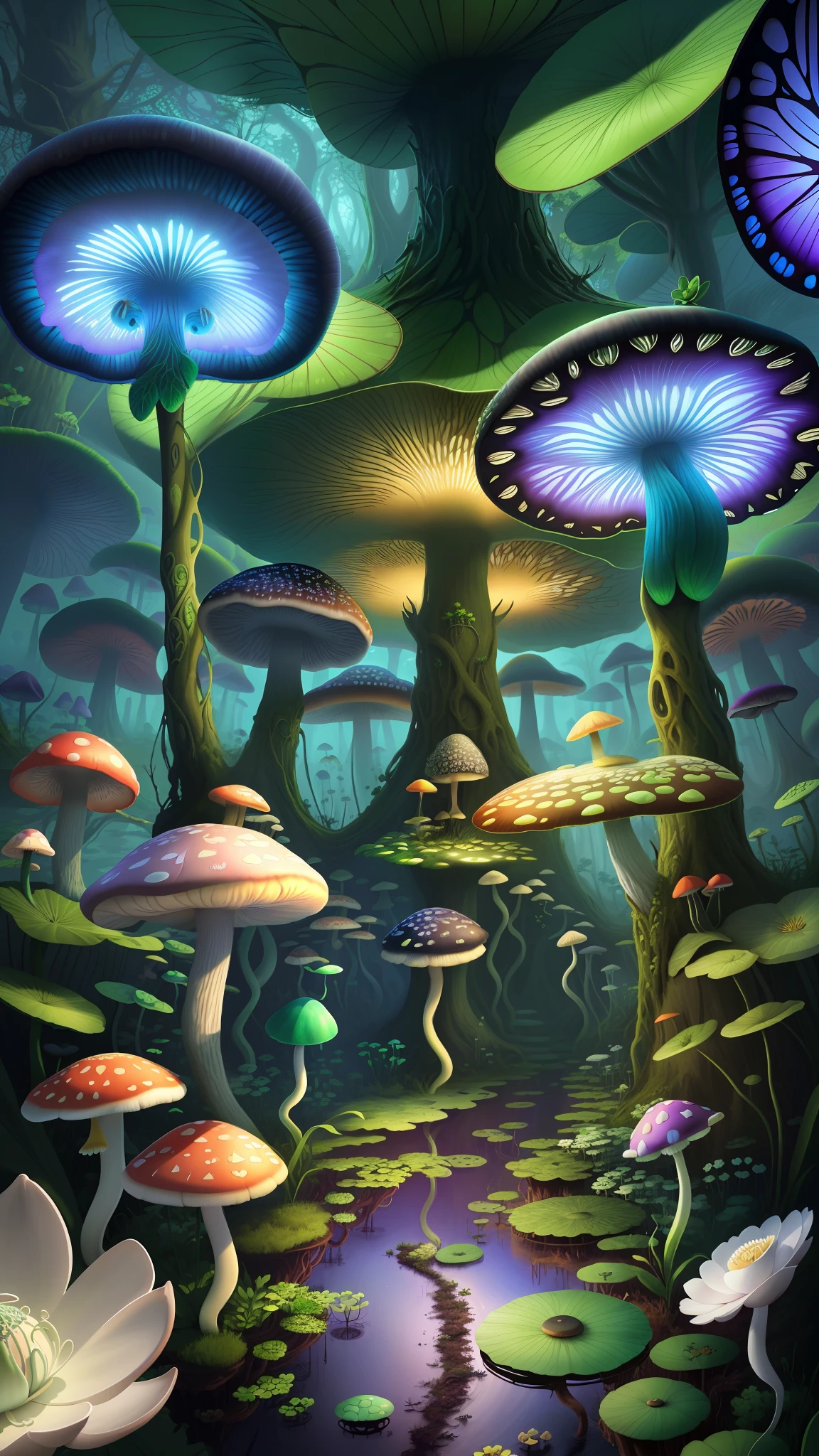 "Mushroom forest，butterflys，lotuses，four-leaf clover，Cyber Mushroom Forest，Ultra-detailed digital fantasy art。Mushrooms are everywhere in the picture，The unique mushroom shape creates a magical casa scene。"