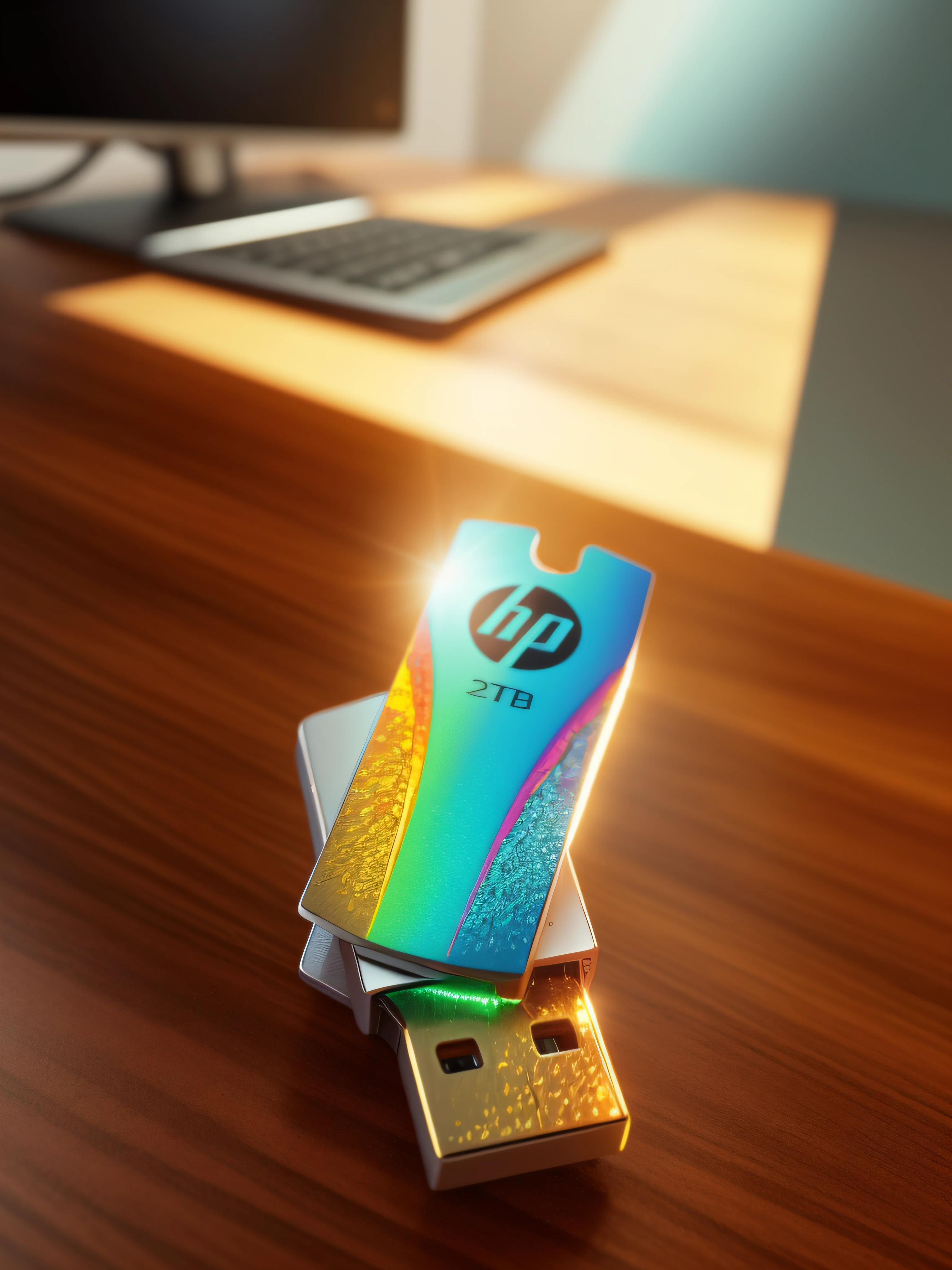 A USB stick rests on the smooth-textured wooden office desk in a computer room. The picture is clear (Sharp: 0.7) and displays a colorful explosion of psychedelic paints (cores: 1.21), with incredible detail. Na mesa, Accessories include the Nikon D850 with Kodak Portra 400 photo film and f1 lenses.6, garantindo cores ricas e textura realista. Lighting is dramatic, and all around are the computer, rato, teclado e cabo USB.