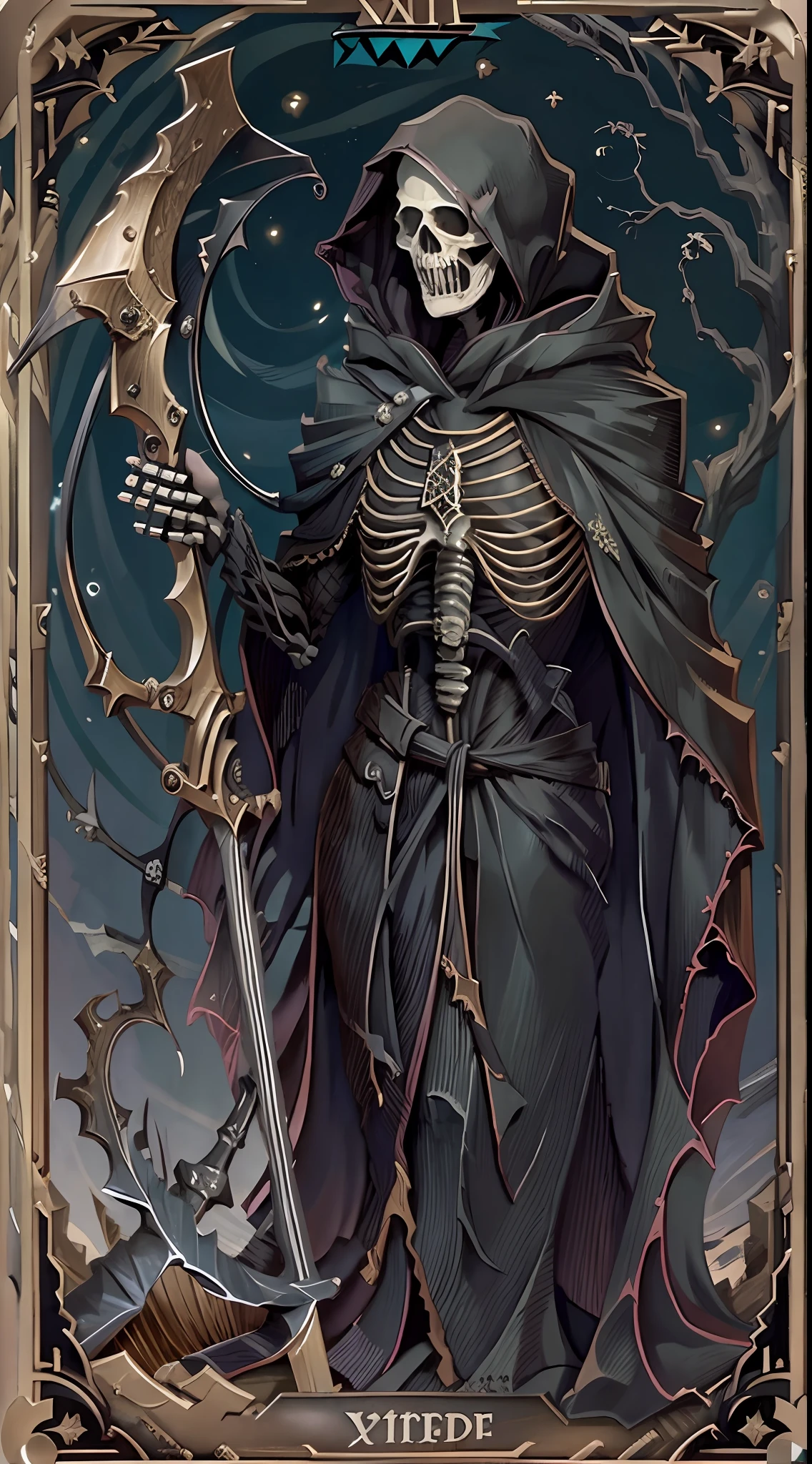 Tarot card,a skeleton holding a scythe,wearing a dark hooded cloak.