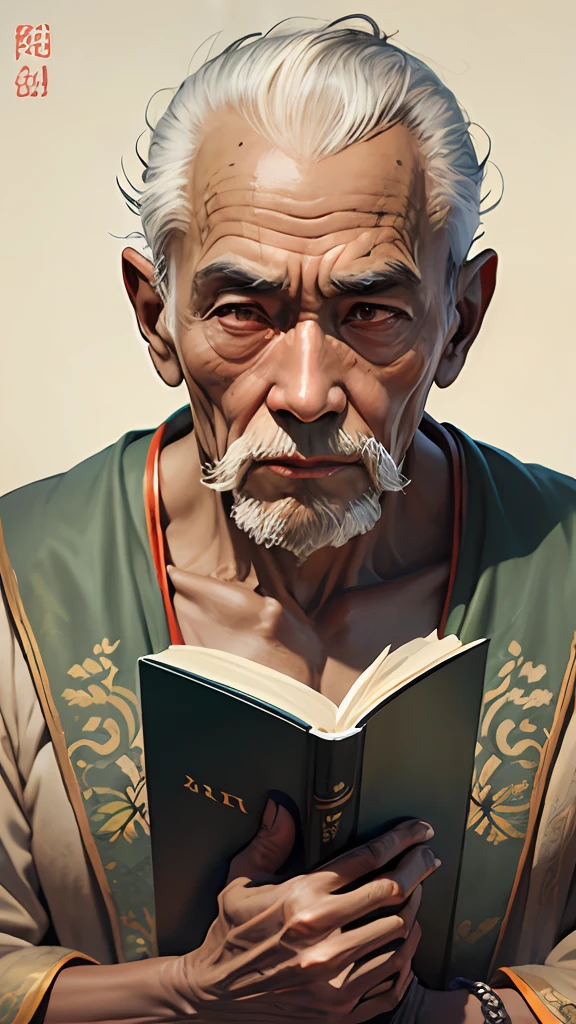 Oriental old man, vicissitudes, bronzed skin, sage, wise old man, real, robed, holding a book, looking straight ahead, front