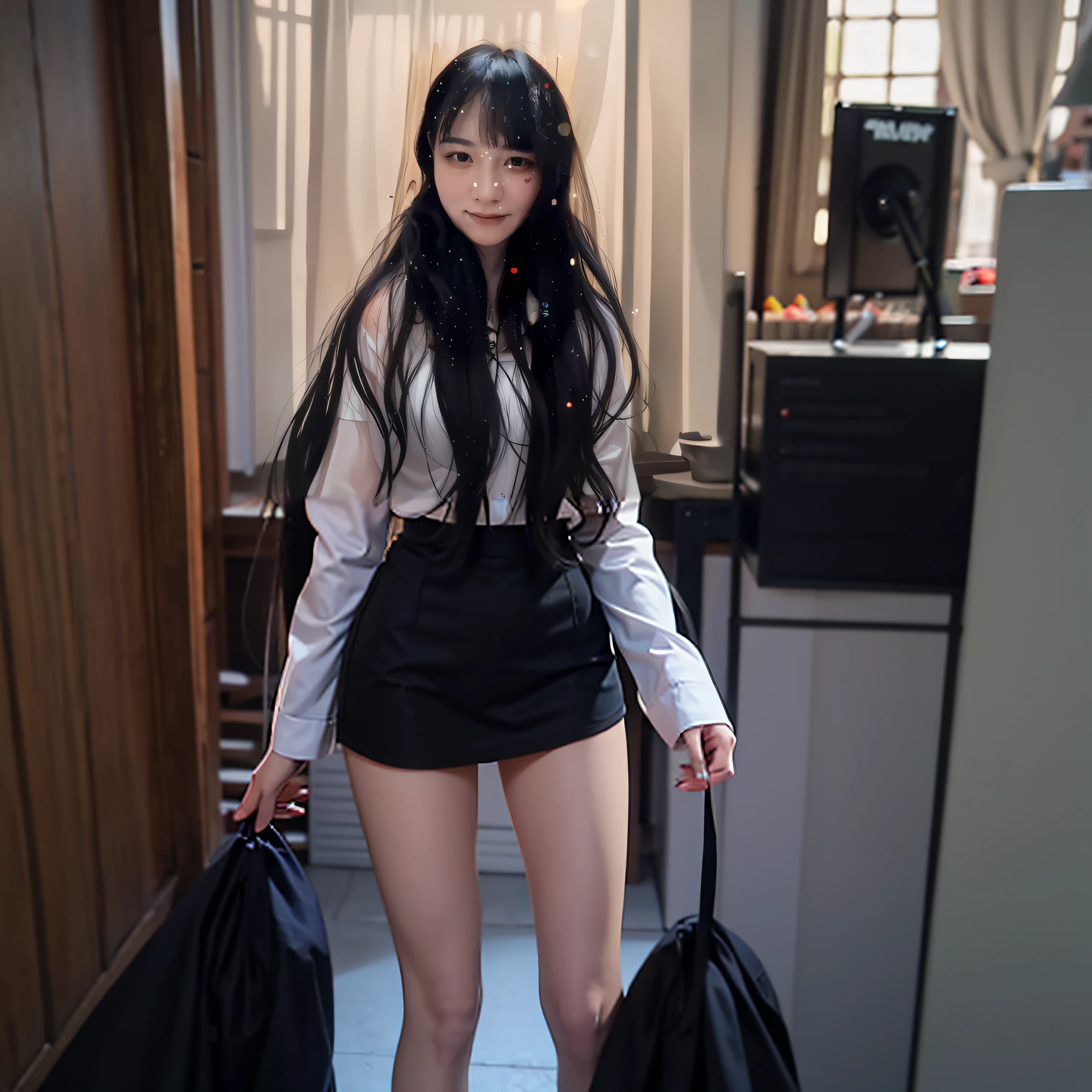 there is a woman with long black hair and a white shirt, Guviz-style artwork, drawn in anime painter studio, made with anime painter studio, Guviz, a beautiful anime portrait, ilya kuvshinov with long hair, Kawaii realistic portrait, realistic anime artstyle, in the art style of bowater, Anime style portrait, lofi portrait