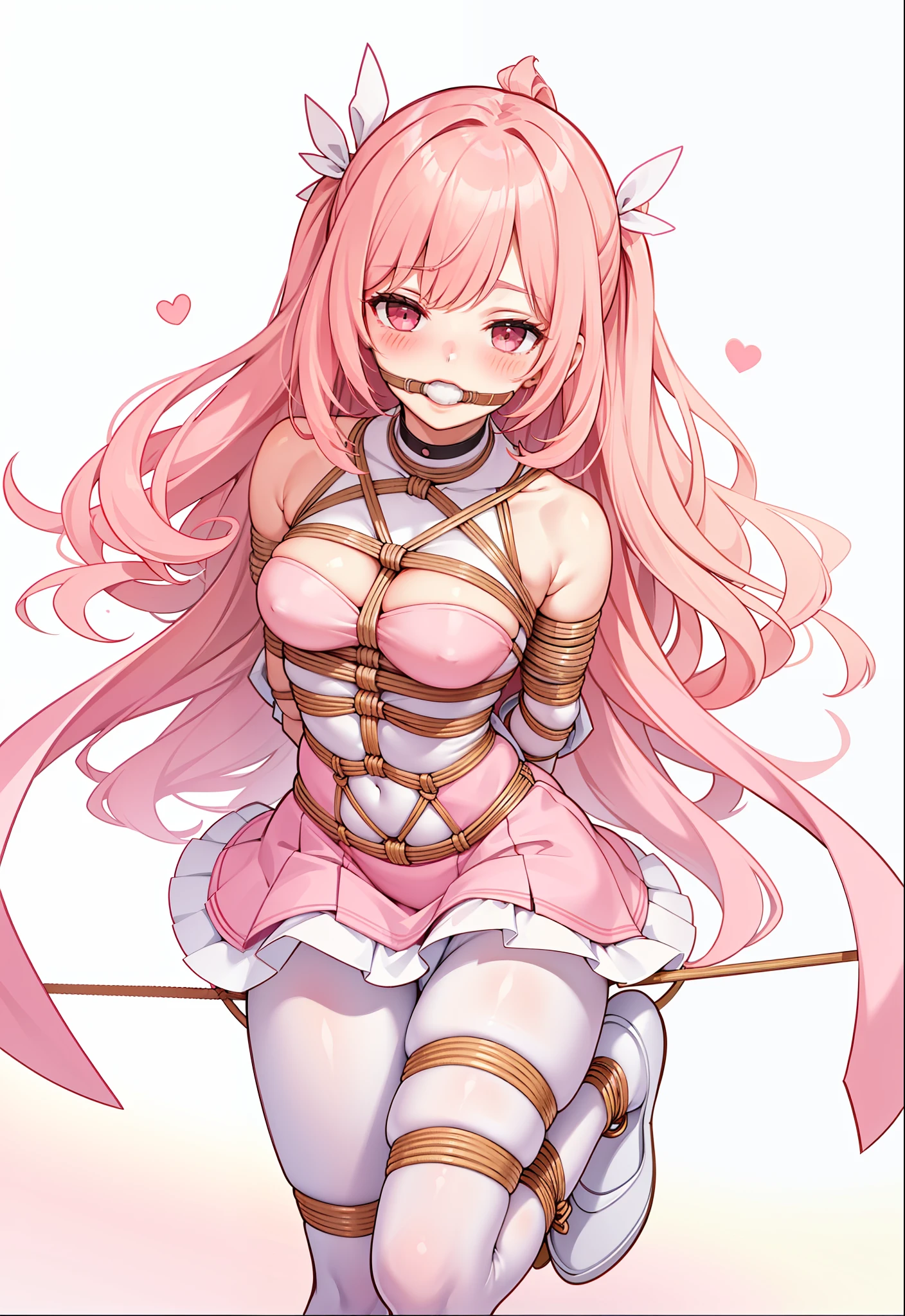 Masterpiece, Best quality, Girl,((Blush)),pink dress,((White pantyhose)),((Arms_Behind_back)),((Legs together)), (((Bondage))), (((shibari))),(((gag))),