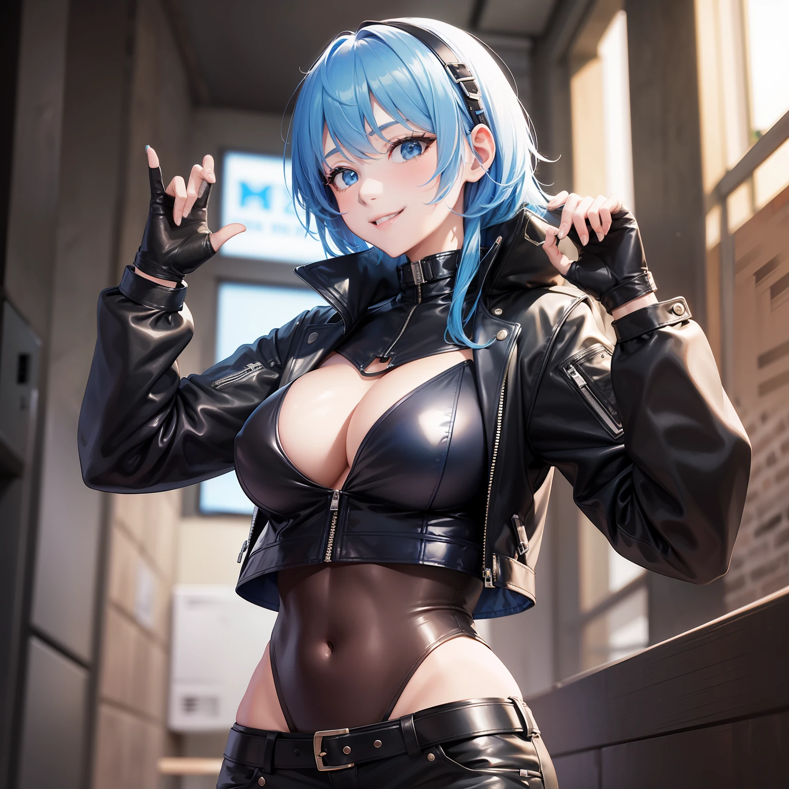 top-quality　​masterpiece　超A high resolution　Blue color hair　Colossal tits　leather jackets　leather pant　cyberpunked　a smile