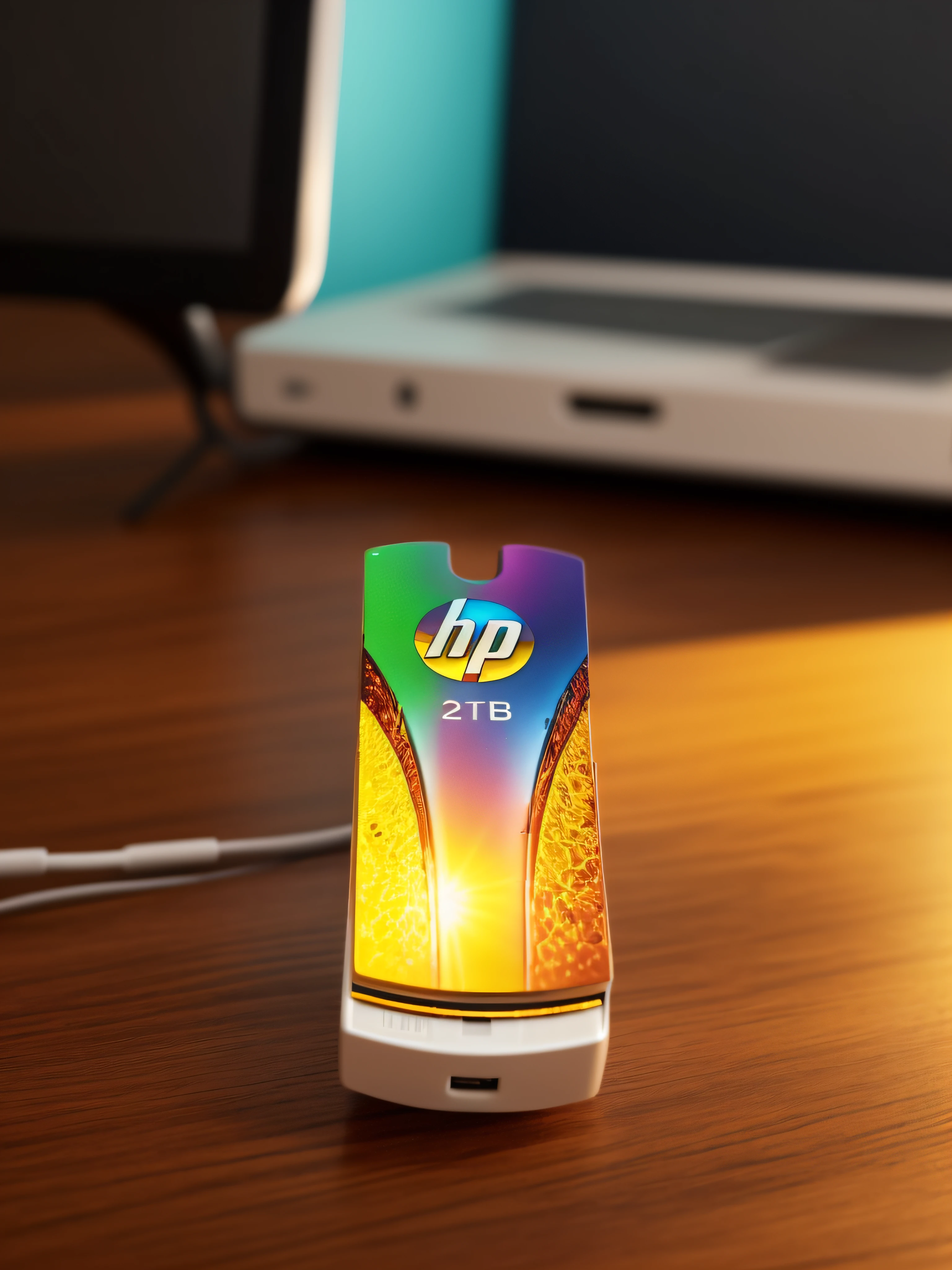 A USB stick rests on the smooth-textured wooden office desk in a computer room. The picture is clear (Sharp: 0.7) and displays a colorful explosion of psychedelic paints (cores: 1.21), With incredible detail. Na mesa, Accessories include the Nikon D850 with Kodak Portra 400 photo film and f1 lenses.6, garantindo cores ricas e textura realista. Lighting is dramatic, and all around are the computer, enquanto, teclado e cabo USB.