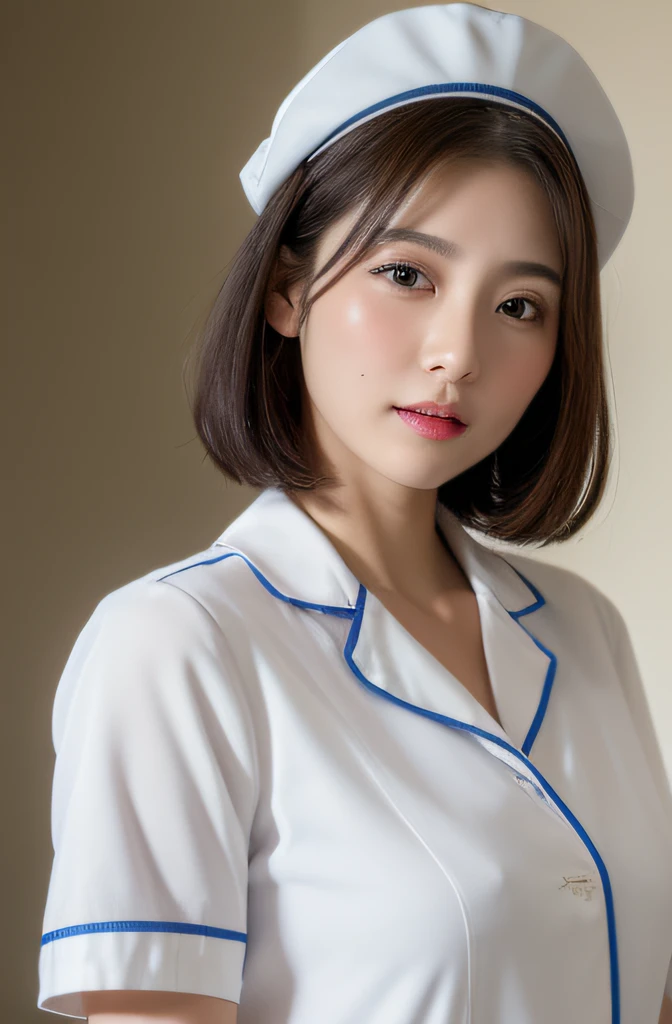 (Best quality, 8k, 32k, Masterpiece, UHD:1.2),Photo of Pretty Japanese woman, 1girl, (medium-short dark brown hair), (large breasts), double eyelid, White nurse uniform, small white nurse (cap), white shirt, open shirt, hospital, patient's room, upper body, sexy