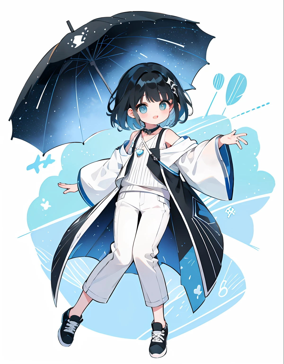 azhiichigo style，big eye, dense lines, Cute,,Soup barn.Khoico,,Full body in cute style,.\(Style\):Kawaii Style,,..\(Composition\):\1girl in,,..\(appearance\): consistency,The best smile,Black hair,..\(Clothing\):、White shirt with collar,Light Blue Vest、Light blue sleeveless V-neck knit、White long trousers、Black sneakers、Umbrella Hairpin,..\(Cool behavior\):,..\(location\): (surround,Star-shaped gemstones, Starry Heart),,..\(quality\): Best Quality,masutepiece、short-hair