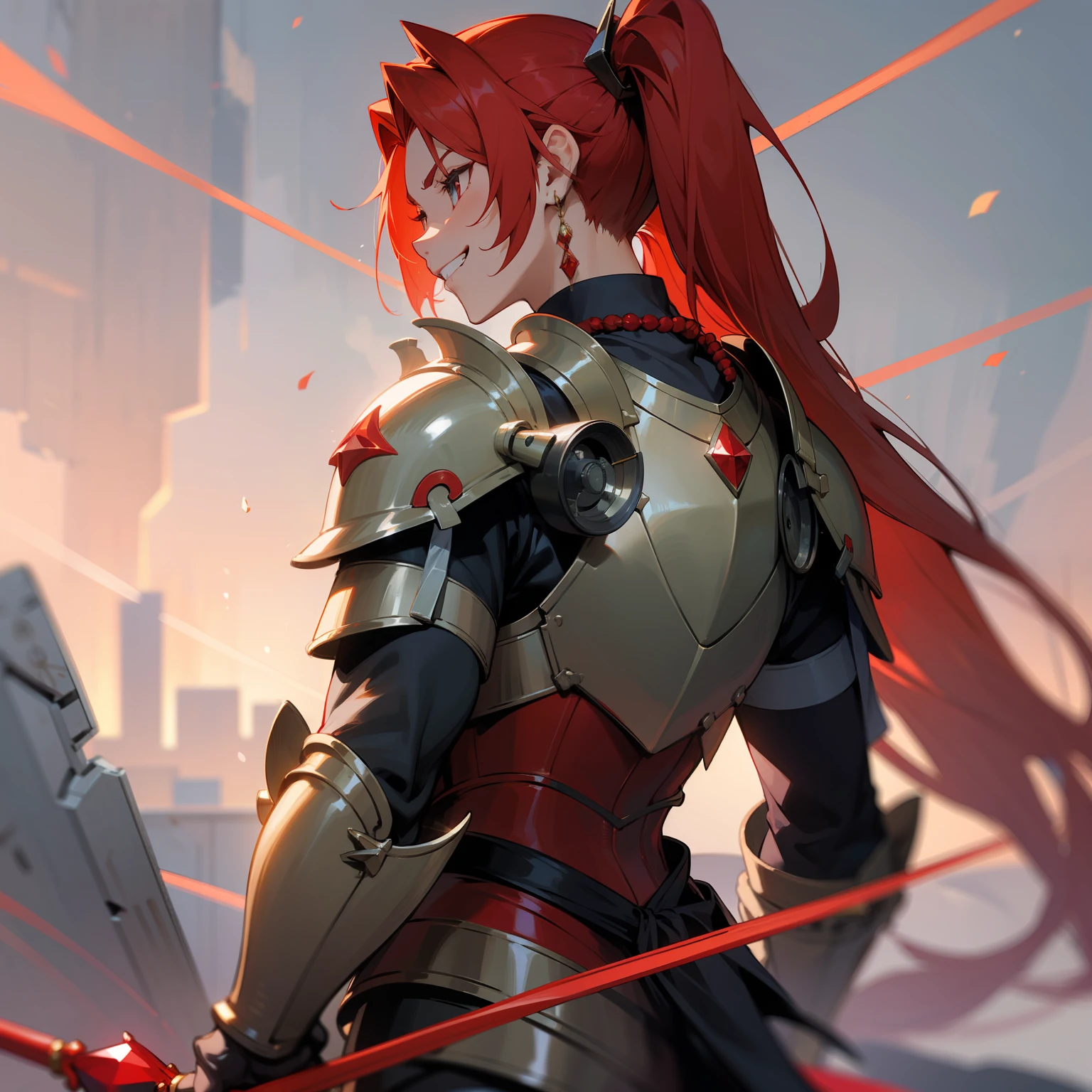Red horse long hair,Arm your character with camera background angles,With a spear,With a sense of oppression,Fixed posture,Fix with anime characters,Cuffed ,masculine,lightsmile,fierce look,grin,Red Gemstone Necklace,Red hair, poneyTail, Back,Light armor,lance, ager,from behind,is scared