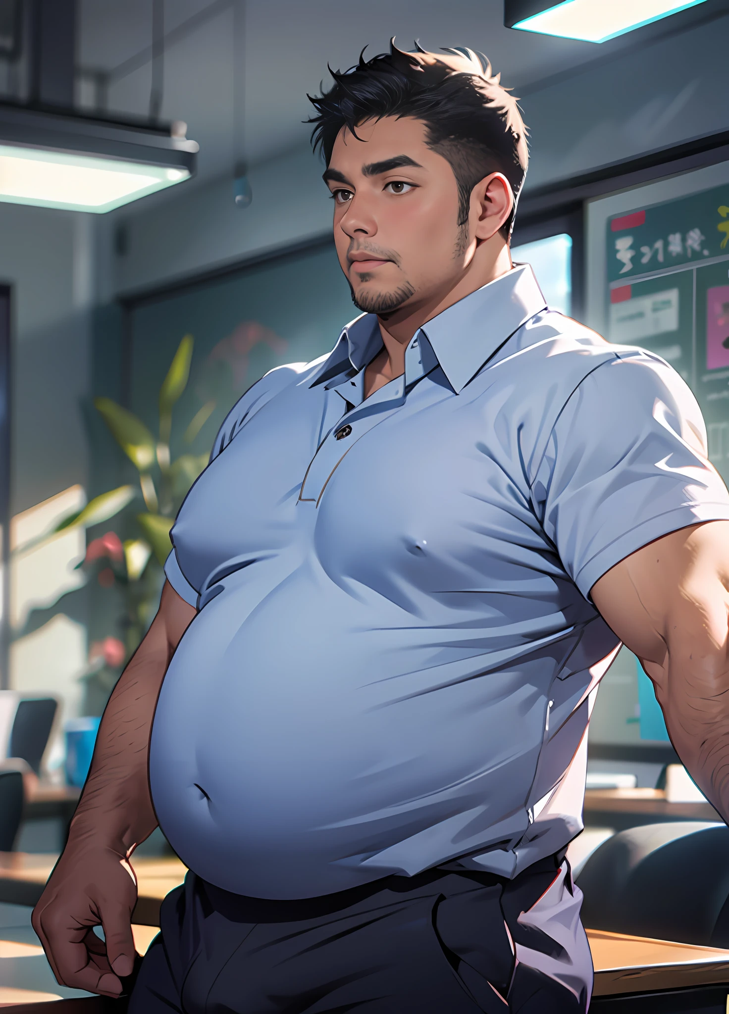 young face, thin face, Sharp Facial, Black hair, 2Boy, salaryman, dark brown eyes, beardless, open shirts, polo shirts, tight shirts, open collar polo shirt, pants, Best Quality, fat abs, fat, Tight breasts, fat breasts, from sideview, collar shirts, fat thighs, fat tits, fat arms, fat legs, fat body, Huge fat, photograph realistic, Masterpiece, male, side part hair, strong, (Pectoralis major: 1.2), Best Quality, 8K, OriginalPhoto, realisitic, high resolucion, The ultra-detailliert, film lighting, film grain, chromatic aberration, in office, tits huge, Dynamic Angle, Details Finger, big bulge, Huge bulge, bulge pants, blush, embarrassed, chest cleavage