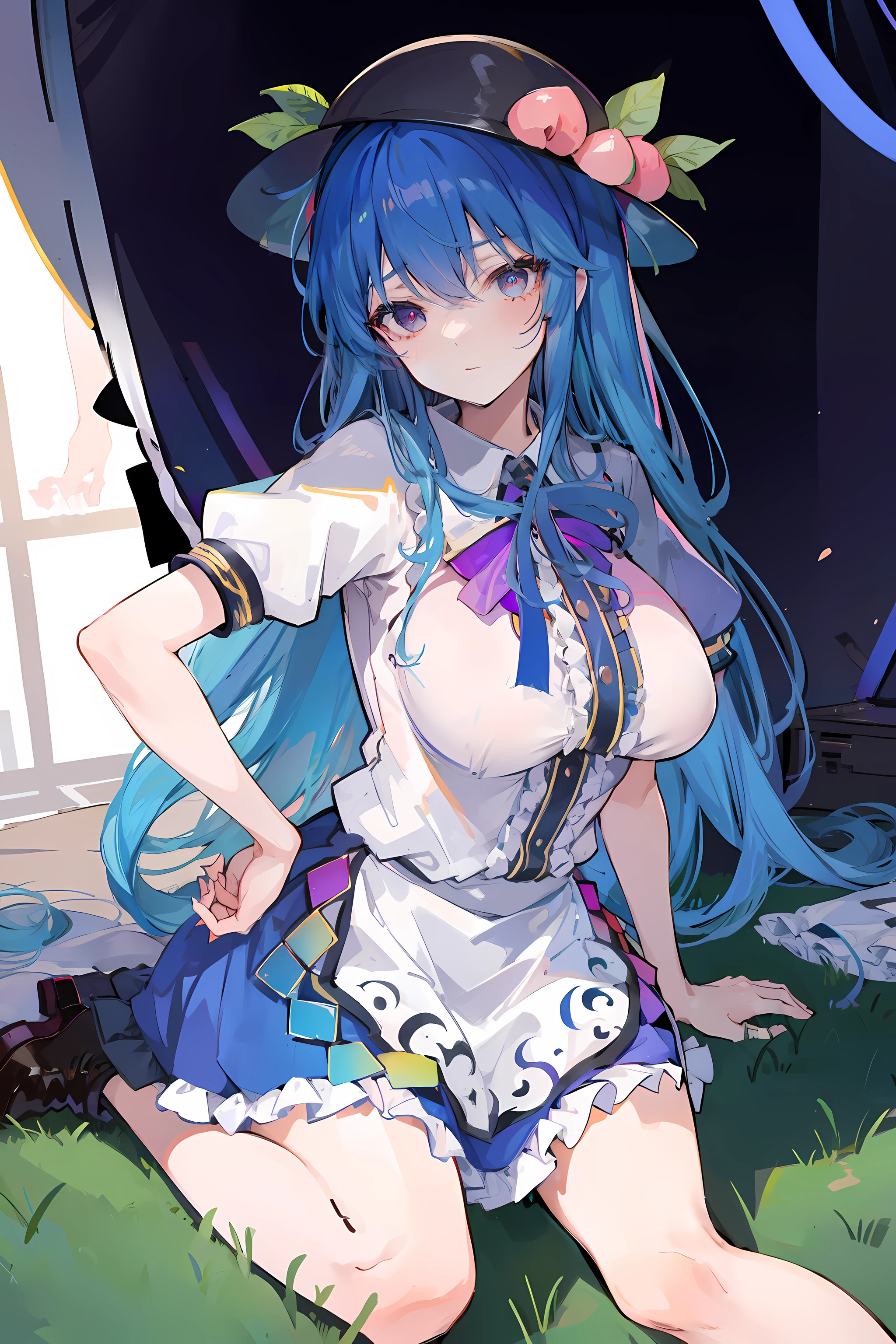 (masterpiece),best quality, expressive eyes, perfect face, 1girl,
big breast, H-cup, good breast, hands on waist,beautiful, gorgeous,anime,girl,lora,hinanawi tenshi, blue hair, blue haired,tent boobs, tent chest, tent breast, floating clothes,waist grab, grabbing waist, mains sur les hanches , hands on hips,w sitting, w sitting on ground, legs on ground