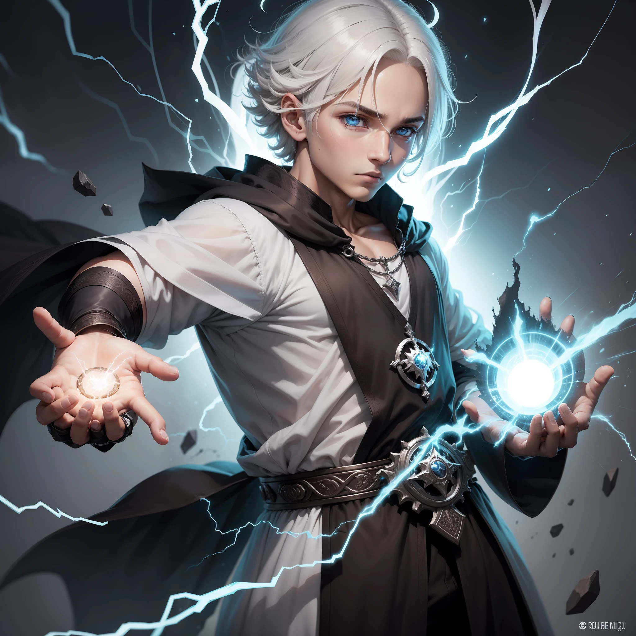 1 menino, com cabelo branco e olhos azuis, e de roupa preta, deus mago, power coming out of his hand