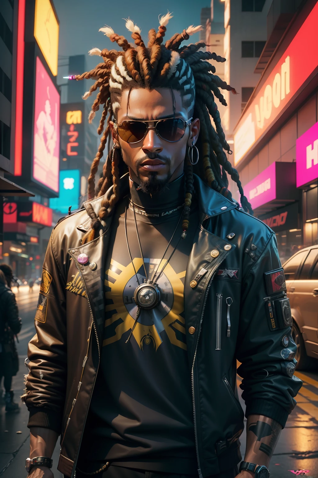 super high res, melhor qualidade, foto, 16k, (fotorrealista: 1.2), cinematic lighthing, Homem do afro americano de 23 anos que usa roupa camuflada do exercito e faz parte de uma equipe chamada os corvos, In addition he wears mirrored sunglasses and also has dreads in his hair (Cyberpunk 2020)