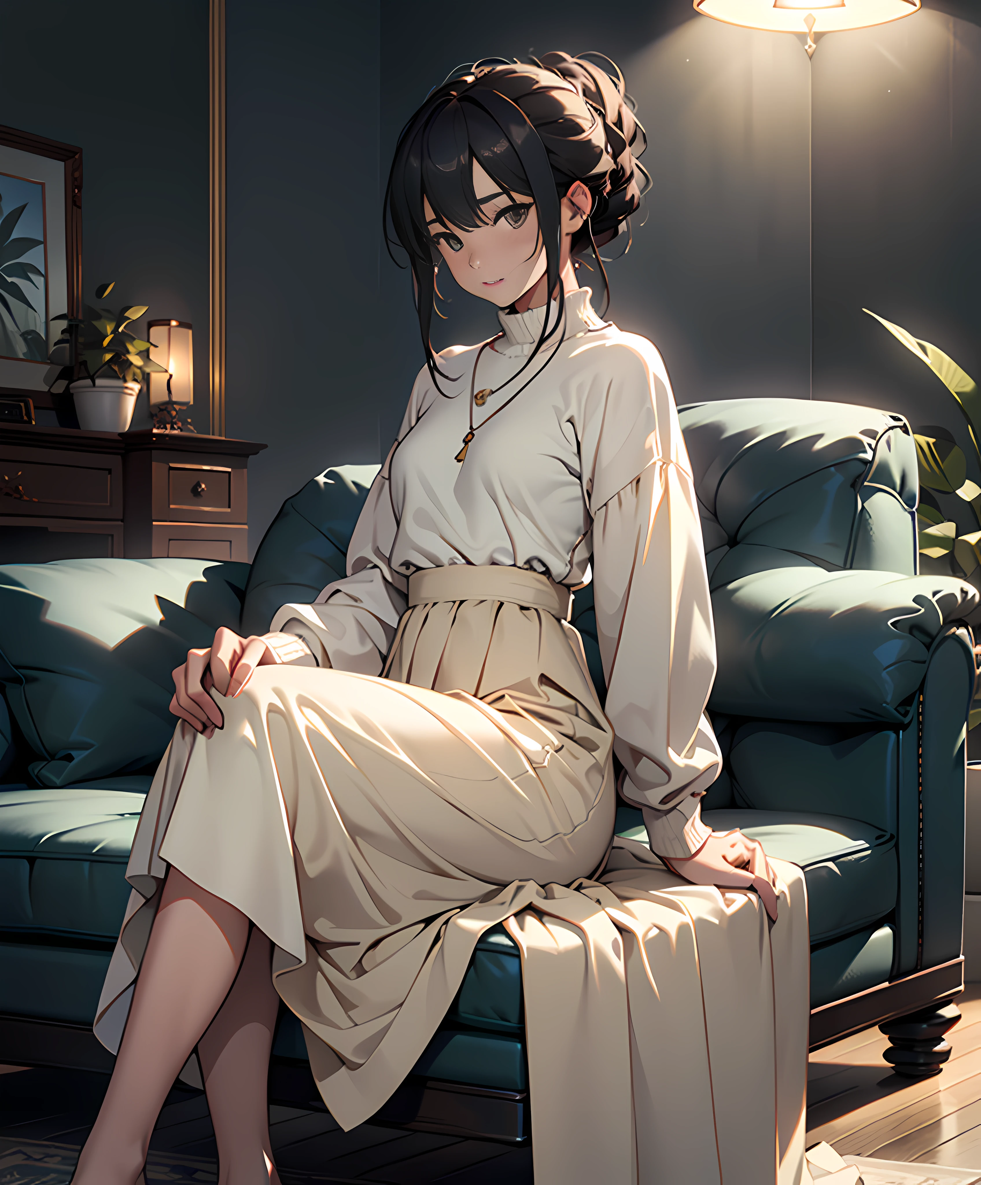 (absurderes、hight resolution、ultra-detailliert)、(the Extremely Detailed CG Unity 8K Wallpapers、Beautifully Aesthetic:1.2)、(1girl in:1.3)、Lady、独奏、The upper part of the body、rcasual、It features a simple、Natural Fabric、Sit up、knit、Lace Long Skirt、white shirt、Brownish、If you have a photo、Hold in hand、Plain clothe、a room、sit on sofa、Mystical lighting、Ethereal Atmosphere、dressed casually, Sweaters, turtle、closed clothes、natural soft light、darker shadows、Living Loo、Long skirt、