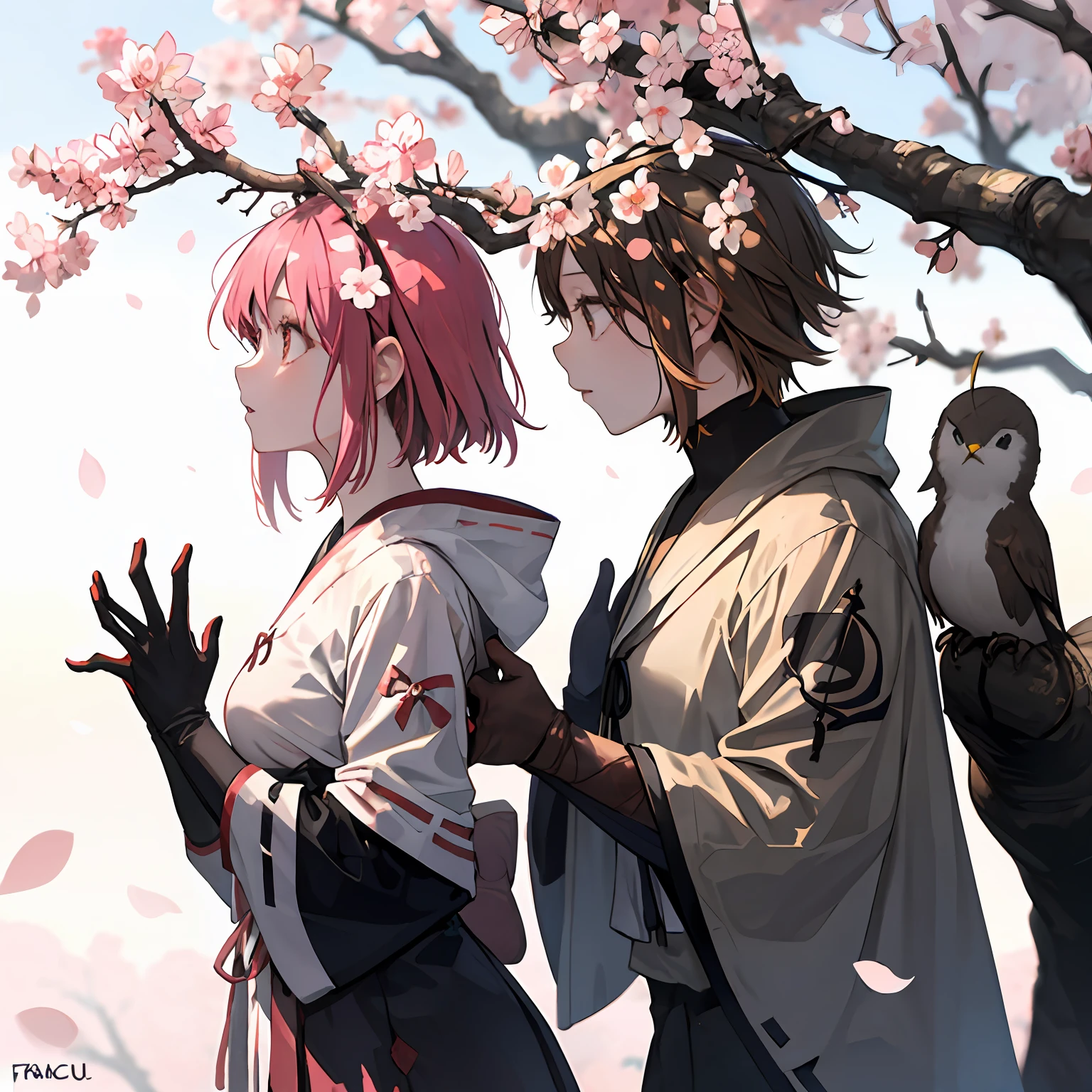 from side,sakura tree,1girl,tree branch on head,wooden hands,branch,fractral