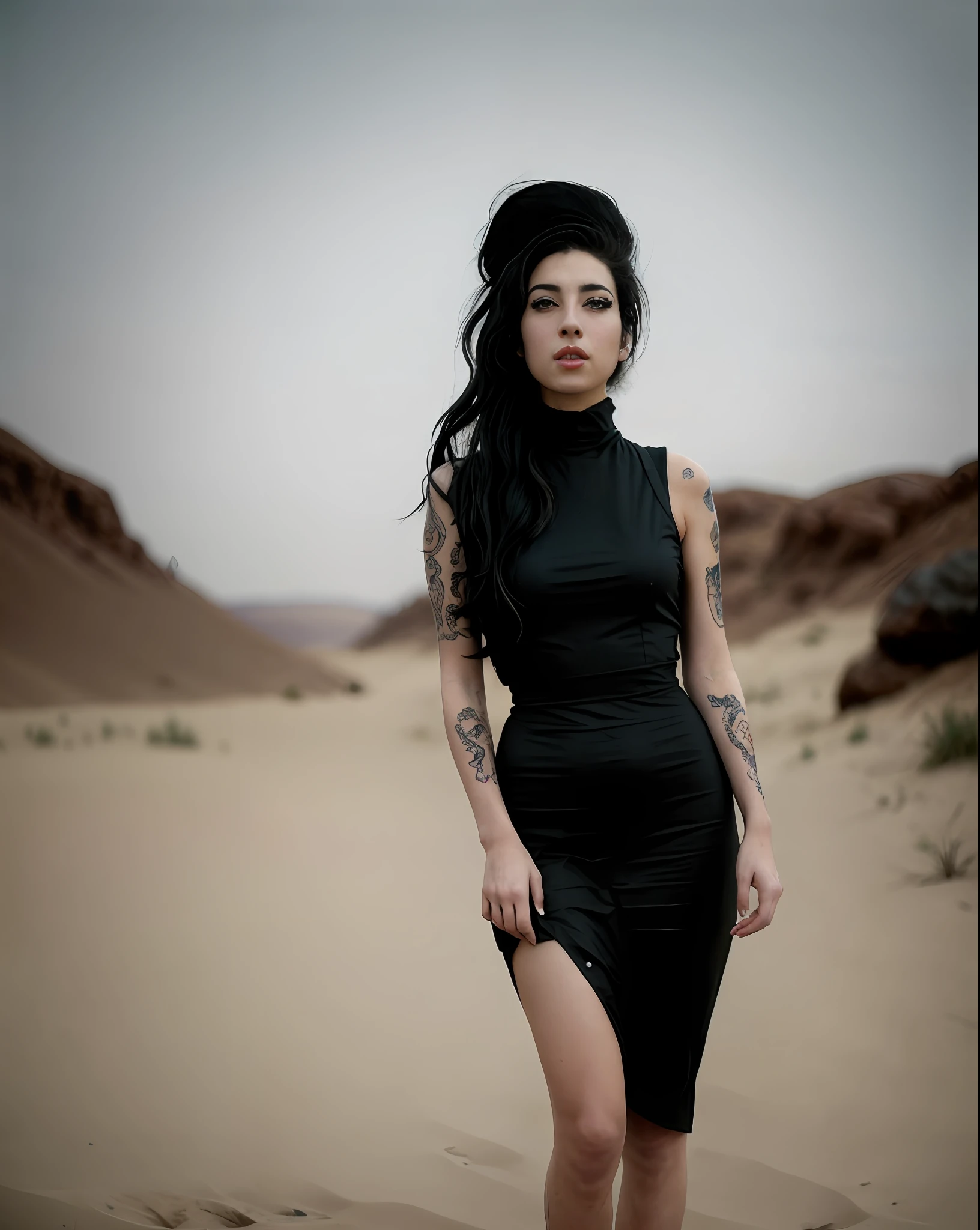 incredible masterpiece, una  Mujer con un vestido negro de pie en un desierto, Ella lleva un vestido negro, in an empty and desolate wasteland, Imagen de un video musical, photograph of a techwear woman, in a post apocalyptic setting, photo from a promotional session, Video musical oficial, photo session, Editorial images, photo session, obra maestra, amazing AW, dressed as a 50s pinup,  Cinematographer, tendencia en 500px, Successful sharp focus, Detalles intrincados, Professional DSLR RAW photography,  cara y ojos detallados, realista, epica resolucion, calidad epica, increible imagen realista de cuerpo entero, delgada, hermosa, no tiene defectos, delgada, tatuajes en los brazos, tatuajes en las piernas, muy sexy, hermosa, caderas amplias,