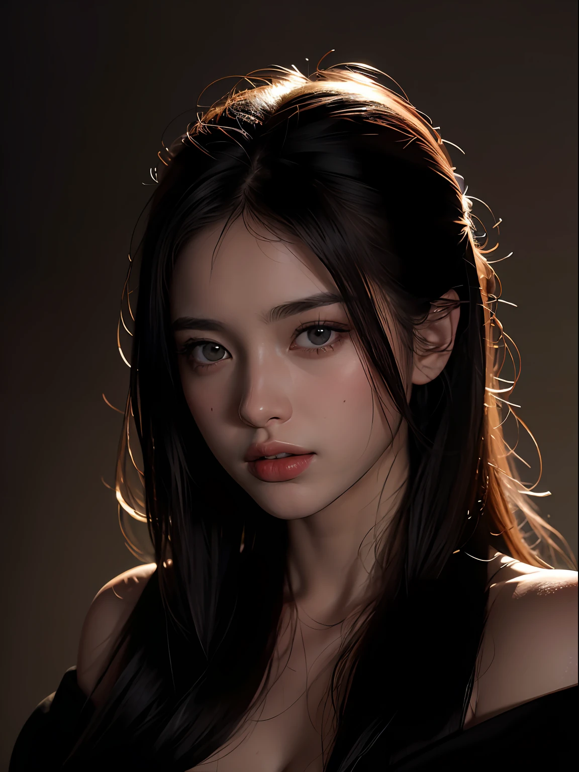 Best quality, masterpiece, ultra high res, (photorealistic:1.4), raw photo, 1girl, offshoulder, in the dark, deep shadow, low key, cold light