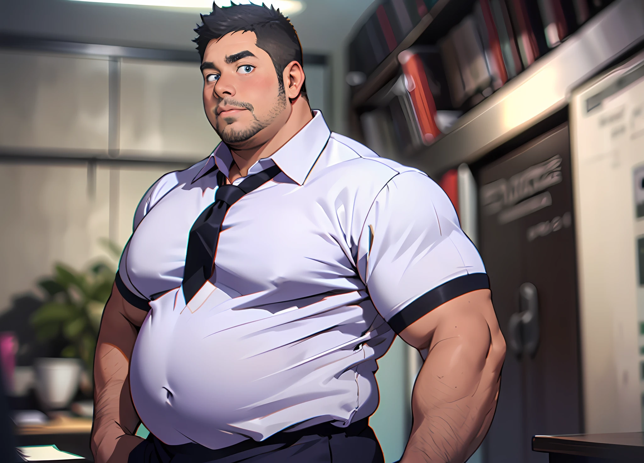 1boy {Black hair, dark brown eyes, polo shirts, tight shirts, open collar polo shirt, pants, fat abs, fat, Tight breasts, fat breasts, collar shirts, fat thighs, fat tits, fat arms, fat legs, fat body, Huge fat, strong, bulge pants, daddy, (Pectoralis major: 1.2)}, 2boy{handsome, young face, thin face, Sharp Facial, Blonde hair, red eyes, beardless, tight shirts, shorts, muscle, necktie,blush, embarrassed, closed mouth, bulge shorts }, 3boy{Black hair, blue eyes, shirts, tight shirts, open shirt, pants, fat abs, fat, Tight breasts, fat breasts, collar shirts, fat thighs, fat tits, fat arms, fat legs, fat body, Huge fat, strong, bulge pants, (Pectoralis major: 1.2, blush}, Best Quality, 8K, OriginalPhoto, realisitic, high resolucion, The ultra detailliert, film lighting, film grain, chromatic aberration, salaryman, in office, Dynamic Angle, Details Finger, big bulge, Huge bulge, blush, embarrassed, closed mouth, chest cleavage, photograph realistic, Masterpiece, male, side part hair, Best Quality,