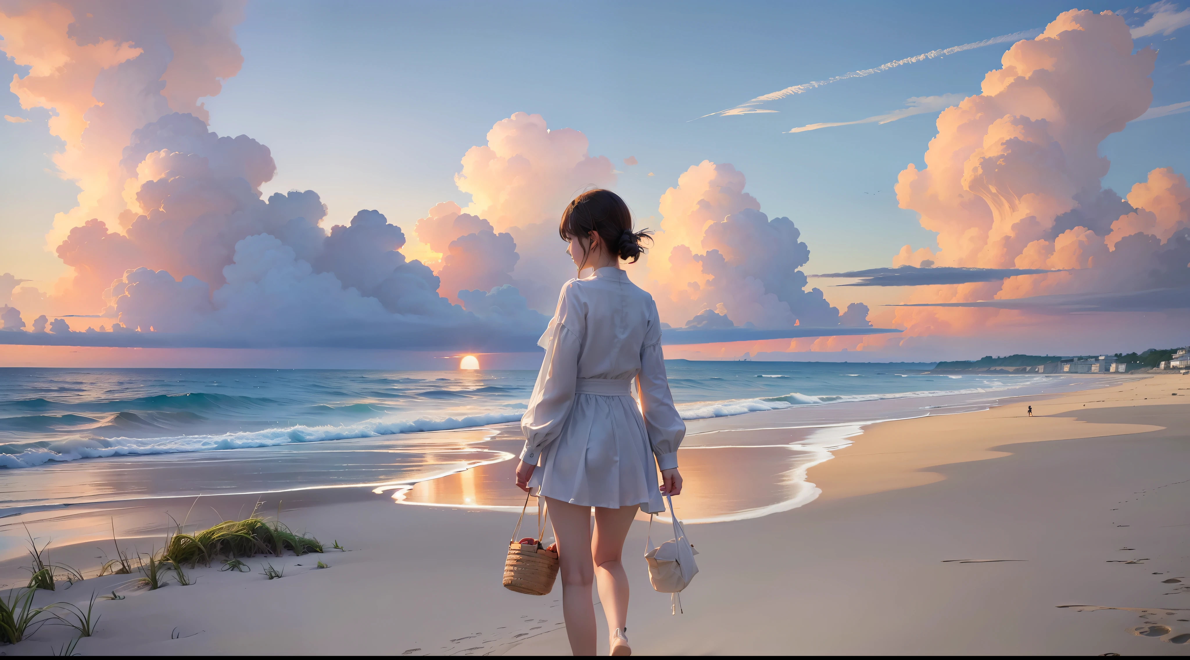 (Surreal)、(hight resolution)、(8K)、 (ighly detailed)、(top-quality、masterpiece:1.3)、(sharpnes)、shores、White sandy beach、Girl Walking On The Beach、Into the cloud、Bright sun、The sun rises high、Mid summer、By Shinkai Makoto
