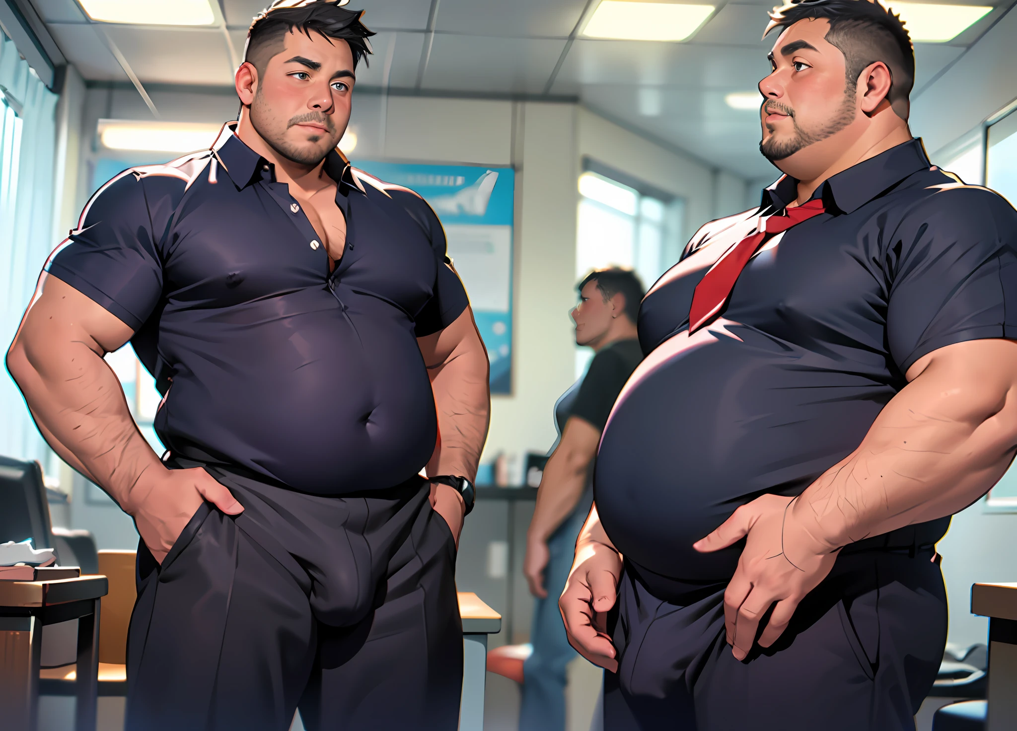1boy {Black hair, dark brown eyes, polo shirts, tight shirts, open collar polo shirt, pants, fat abs, fat, Tight breasts, fat breasts, collar shirts, fat thighs, fat tits, fat arms, fat legs, fat body, Huge fat, strong, bulge pants, daddy, (Pectoralis major: 1.2)}, 2boy{handsome, young face, thin face, Sharp Facial, Blonde hair, red eyes, beardless, tight shirts, shorts, muscle, necktie,blush, embarrassed, closed mouth, bulge shorts }, 3boy{Black hair, blue eyes, shirts, tight shirts, open shirt, pants, fat abs, fat, Tight breasts, fat breasts, collar shirts, fat thighs, fat tits, fat arms, fat legs, fat body, Huge fat, strong, bulge pants, (Pectoralis major: 1.2, blush}, Best Quality, 8K, OriginalPhoto, realisitic, high resolucion, The ultra detailliert, film lighting, film grain, chromatic aberration, salaryman, in office, Dynamic Angle, Details Finger, big bulge, Huge bulge, blush, embarrassed, closed mouth, chest cleavage, photograph realistic, Masterpiece, male, side part hair, Best Quality,