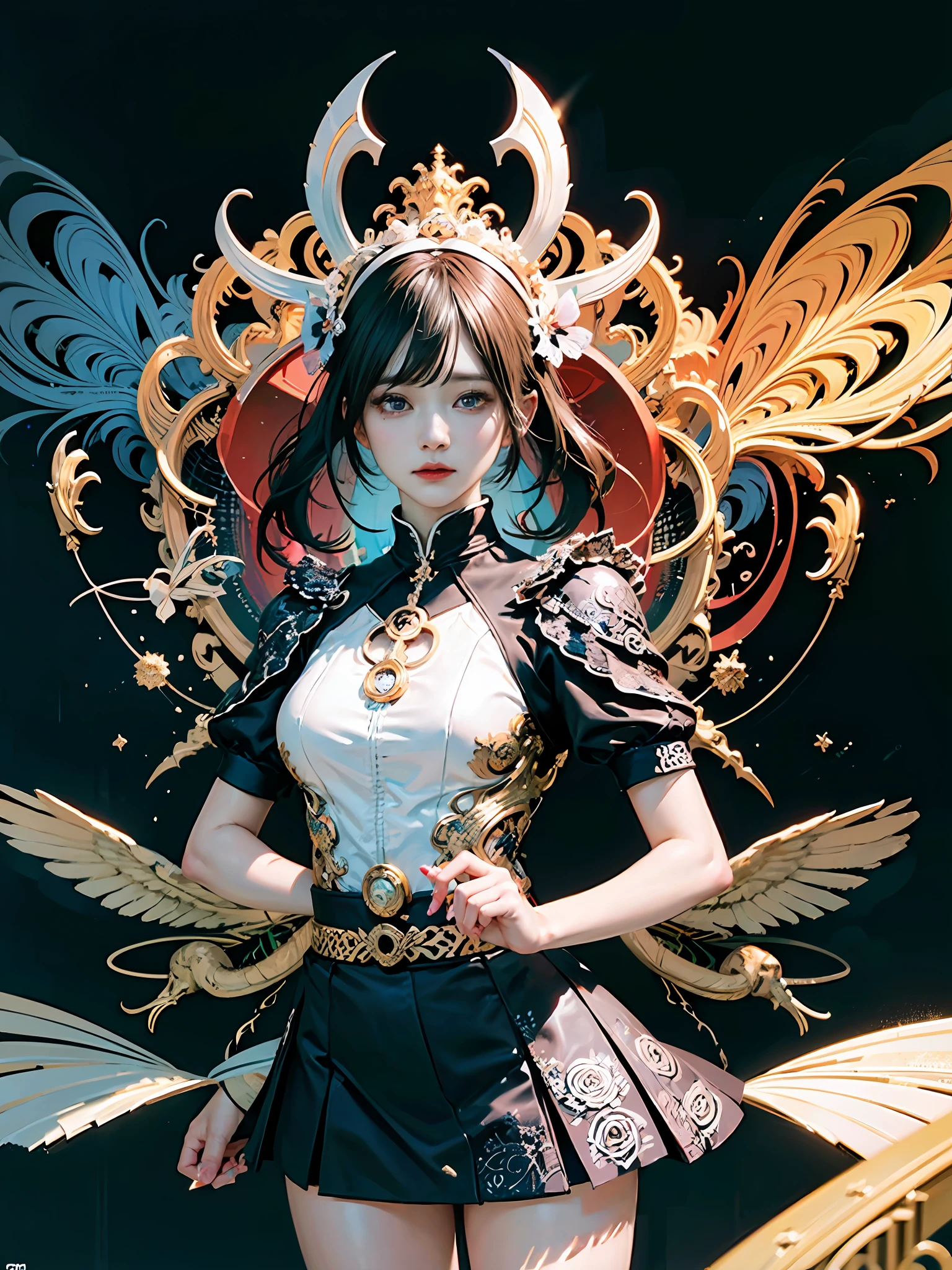 official art, unity 8k wallpaper, ultra detailed, beautiful and aesthetic, masterpiece, best quality, (zentangle, mandala, tangle, entangle), (fractal art:1.3) , 1girl, extremely detailed, dynamic angle, cowboyshot, the most beautiful form of chaos, elegant, a brutalist designed, vivid colours, romanticism, by james jean, roby dwi antono, ross tran, francis bacon, michal mraz, adrian ghenie, petra cortright, gerhard richter, takato yamamoto, ashley wood, atmospheric, ecstasy of musical notes, streaming musical notes visible