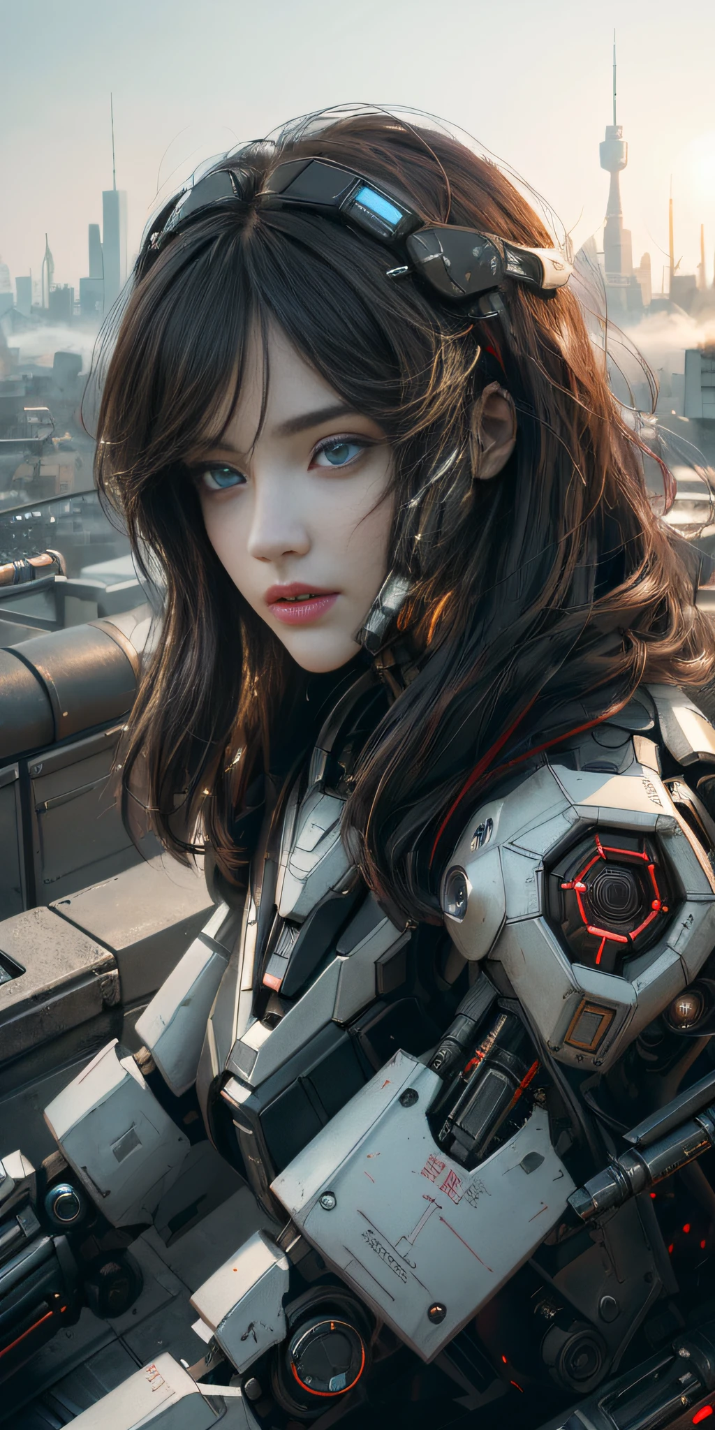 (1 girl:1.4), Solo, ((((Highly detailed face)))), ((Highly detailed eyes and face)))), Beautiful detailed eyes, Body parts__, offcial art, Unified 8k wallpaper, Ultra detailed, Beautiful and beautiful, Beautiful, Masterpiece, Best quality, Original, Masterpiece, ultra fine photography, Best quality, hyper HD, Realistic realism, Sunlight, Full body portrait, Amazing beauty, Dynamic pose, Delicate face, Vivid eyes, (From the front), Red and black color scheme, highly detailed city roof background, Rooftop, Overlooking the city, Detailed face, detailed complex busy background, Messy and gorgeous milky white, Highly detailed skin, Realistic skin details, Visible pores, Clear focus, volume fog, 8K UHD, Digital SLR, High quality, filmgrain, Fair skin, Photorealism, DL, futuristic dystopian megalopolis, Translucent, Dark_fantasy, Cyberpunk, Mechanical Wonder, Robotic presence, cybernetic guardians, Mecha musume, mechanicalparts, robotjoints, Beautiful legs, Long legs, full bodyesbian, Disheveled hair