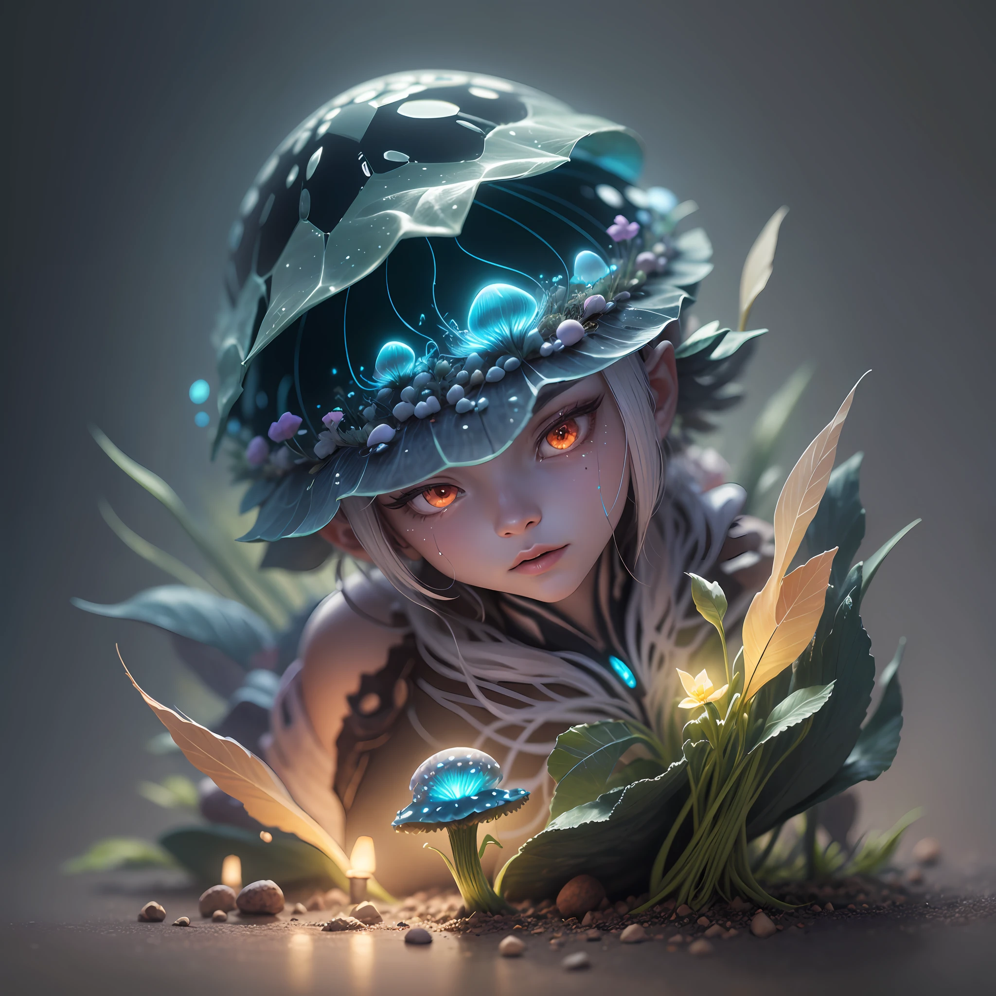 Generate images of creatures with humanoid body structures, But mainly composed of fungal elements. Its head resembles a big head, Dome-shaped crystal spring flower mushroom cap, fanciful, Colorful, Decorated with a luminous speckled pattern. Its arms are long, Flexible tendrils sprout from the shoulders, Able to be as vertical as a human hand. And not legs, It has a single, Thick, The stems are rooted in the ground. Its face is a small cluster, Bioluminescent spheres embedded in the bottom of the lid, Arranged in a way reminiscent of human facial features. photo-realism, ultra - detailed, 4K, A high resolution