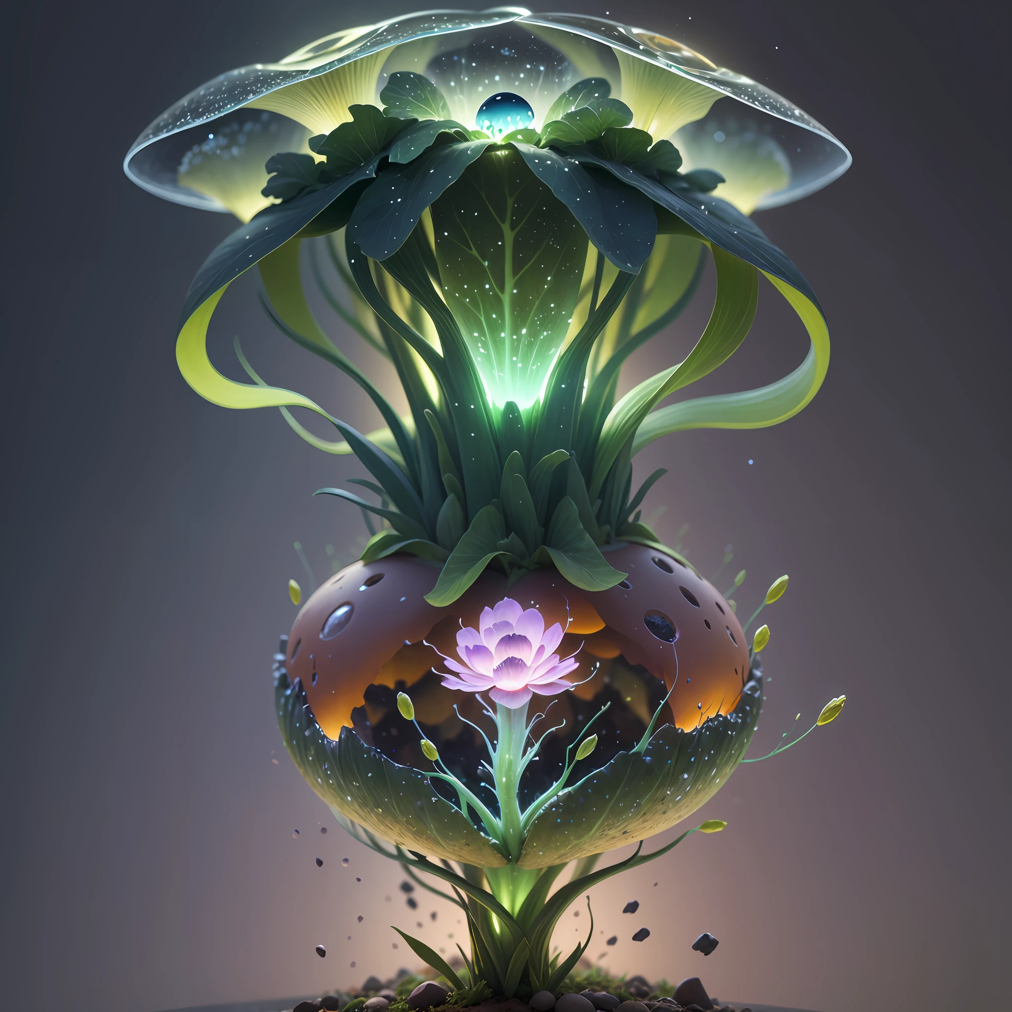 Generate images of creatures with humanoid body structures, But mainly composed of fungal elements. Its head resembles a big head, Dome-shaped crystal spring flower mushroom cap, fanciful, Colorful, Decorated with a luminous speckled pattern. Its arms are long, Flexible tendrils sprout from the shoulders, Able to be as vertical as a human hand. And not legs, It has a single, Thick, The stems are rooted in the ground. Its face is a small cluster, Bioluminescent spheres embedded in the bottom of the lid, Arranged in a way reminiscent of human facial features. photo-realism, ultra - detailed, 4K, A high resolution
