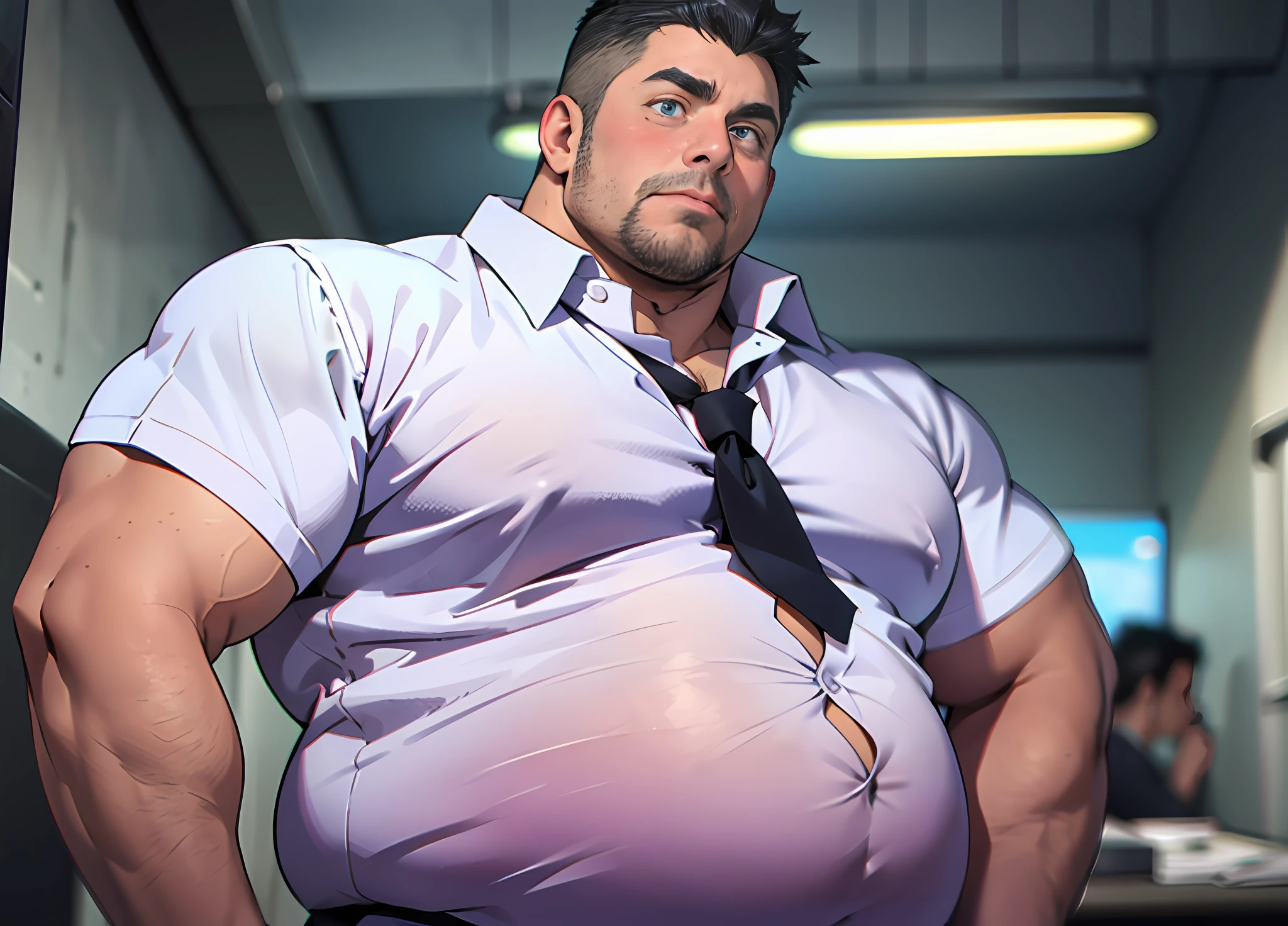 1boy {Black hair, dark brown eyes, polo shirts, tight shirts, open collar polo shirt, pants, fat abs, fat, Tight breasts, fat breasts, collar shirts, fat thighs, fat tits, fat arms, fat legs, fat body, Huge fat, strong, bulge pants, daddy, (Pectoralis major: 1.2)}, 2boy{handsome, young face, thin face, Sharp Facial, Blonde hair, red eyes, beardless, tight shirts, shorts, muscle, necktie,blush, embarrassed, closed mouth, bulge shorts }, 3boy{Black hair, blue eyes, shirts, tight shirts, open shirt, pants, fat abs, fat, Tight breasts, fat breasts, collar shirts, fat thighs, fat tits, fat arms, fat legs, fat body, Huge fat, strong, bulge pants, (Pectoralis major: 1.2, blush}, Best Quality, 8K, OriginalPhoto, realisitic, high resolucion, The ultra detailliert, film lighting, film grain, chromatic aberration, salaryman, in office, Dynamic Angle, Details Finger, big bulge, Huge bulge, blush, embarrassed, closed mouth, chest cleavage, photograph realistic, Masterpiece, male, side part hair, Best Quality,