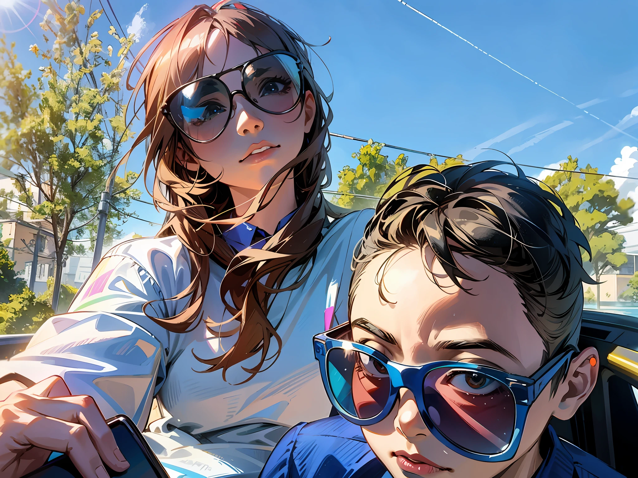 In the back seat of the truck sat a woman wearing sunglasses and a boy。, with sunglass, With a child, Wearing blue sunglasses, With sunglasses, Sunny sky, Sunny day, wearing versace sunglasses, 🤬 🤮 💕 🎀, 🚿🗝📝, Profile image, taken on iphone 1 3 pro, Wearing cool sunglasses, personal profile picture, sunny day time