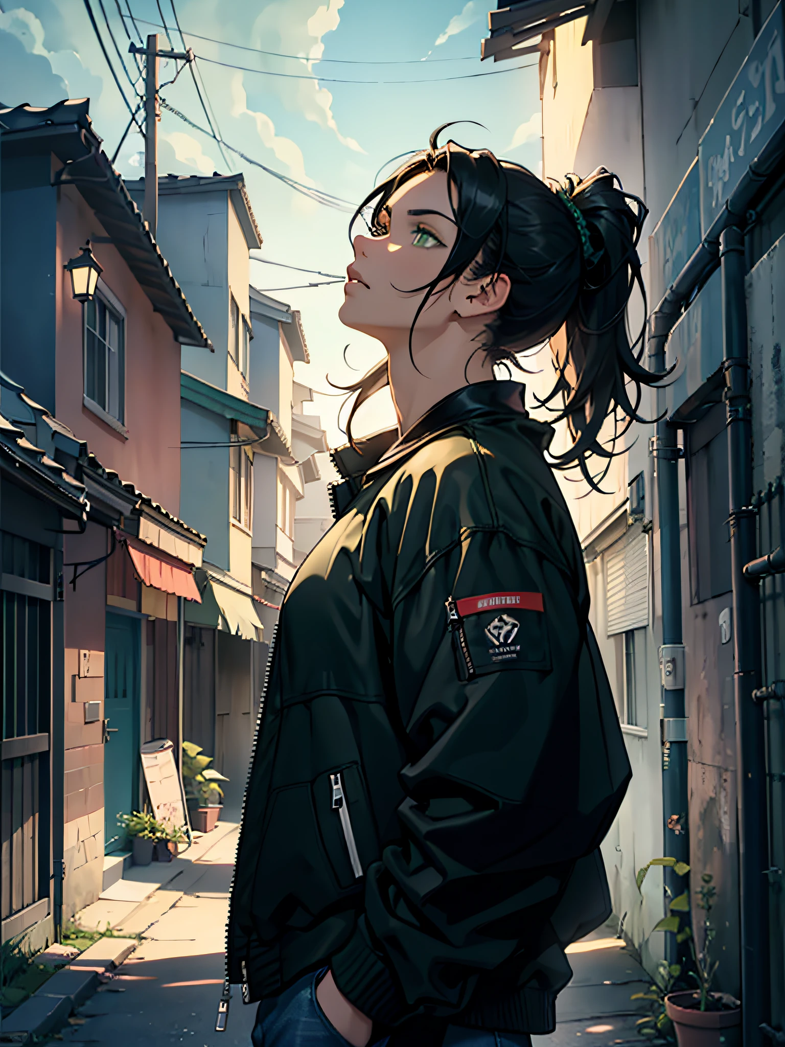 a 1girl, black hair, sloppy hair, big ponytail hairstyle sloppy, muscular large body, wearing a black T-shirt, An all-green open winter jacket is worn, Wearing jeans, The city, Nighty night, alleyway, Lighting from a lantern, Looking Up, turned to the side of the viewer with the whole body, beste-Qualit, 8k, tmasterpiece, head raised upwards, Pupils looking up at the sky, Adult serious face, Serious expression on his face, Green eyes, 35 years old