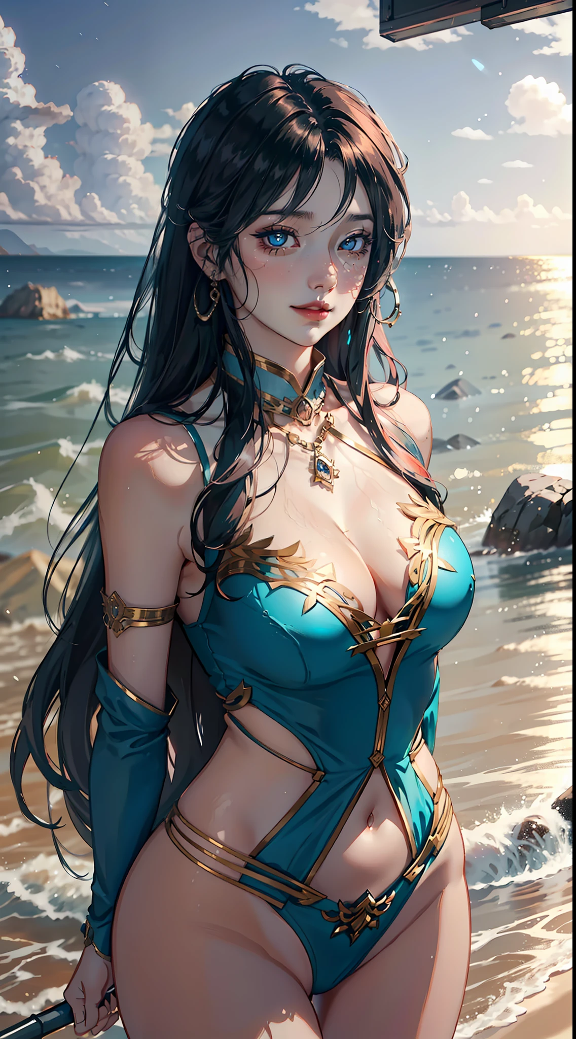 1female,35yo,Huge breasts, 独奏, ,Wearing a blue Arthurian uniform, Pornographic exposure,the ocean, She has long flowing black hair, Bare genitalia,Sateen,Bigchest, From the front side, Wet straight hair, Sweating profusely,mostly cloudy sky,(tmasterpiece),(Very detailed CG unity 8K wallpaper),best qualtiy,cinmatic lighting,detailed back ground,beatiful detailed eyes,Bright pupils,(Very fine and beautiful),(Beautiful and detailed eye description),ultra - detailed,facing at camera,A high resolution,ultra - detailed),Very long hair,standing on your feet,Emotive expressions,Smile,Chest sagging,nakeness, Expose the genitals,revealing breasts,Camel toes,with no underpants,extremely large bosom,Extremely colorful,Most detailed,fully body photo,The face is well lit
